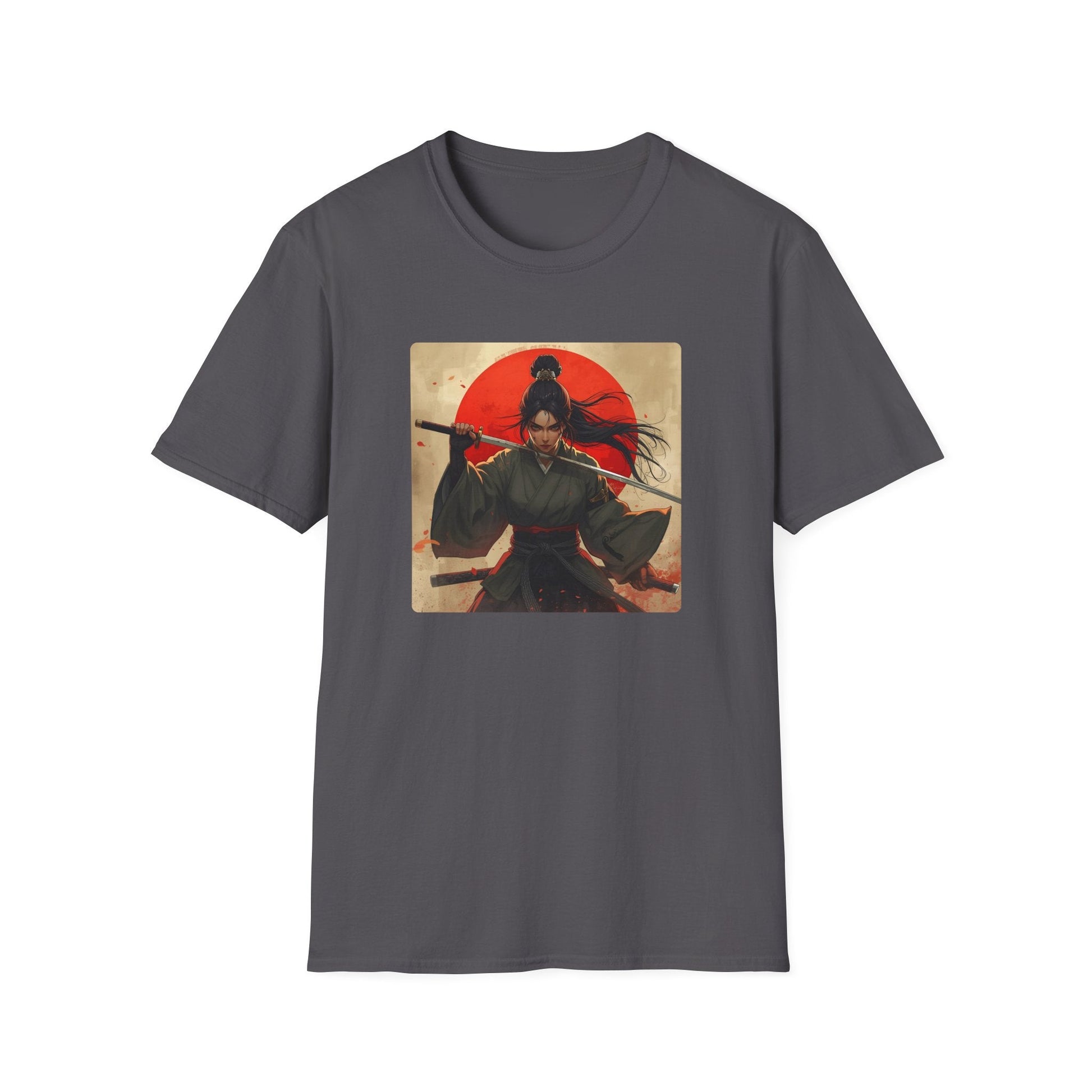 Red Sun Resolve Samurai Warrior T-Shirt in charcoal artwork featuring a fierce Japanese-inspired warrior holding a katana in front of a dramatic red sun.