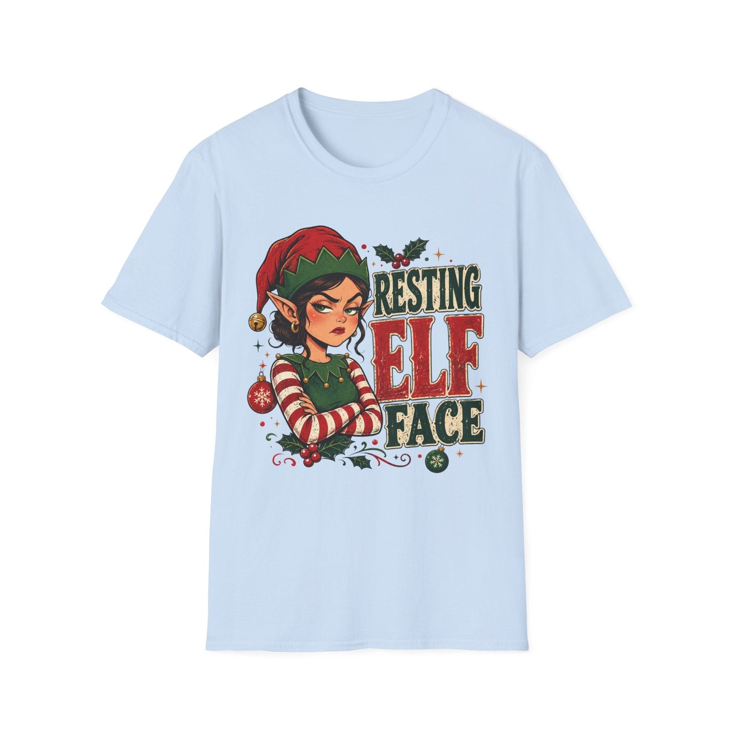 Resting Elf Face Sassy Elf Christmas T-Shirt in light blue, design featuring an unimpressed female elf with festive attitude.
