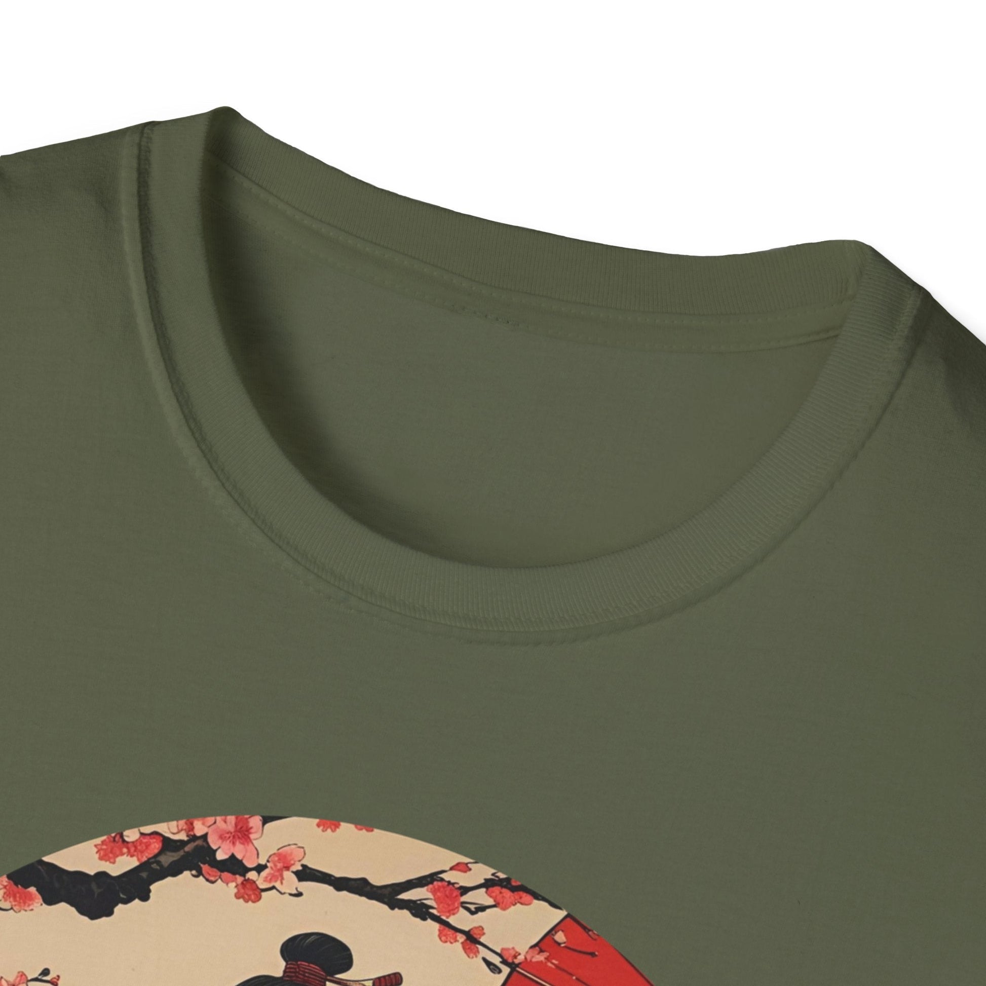 Close-up neckline view of the Crimson Bloom Ronin Samurai Warrior T-Shirt in military green with Japanese-inspired warrior artwork visible on the front.