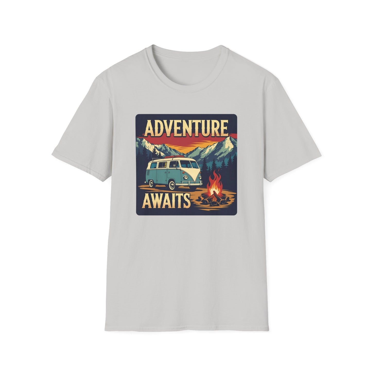 Adventure Awaits - Retro Camper Van Adventure T-Shirt in Ice Grey