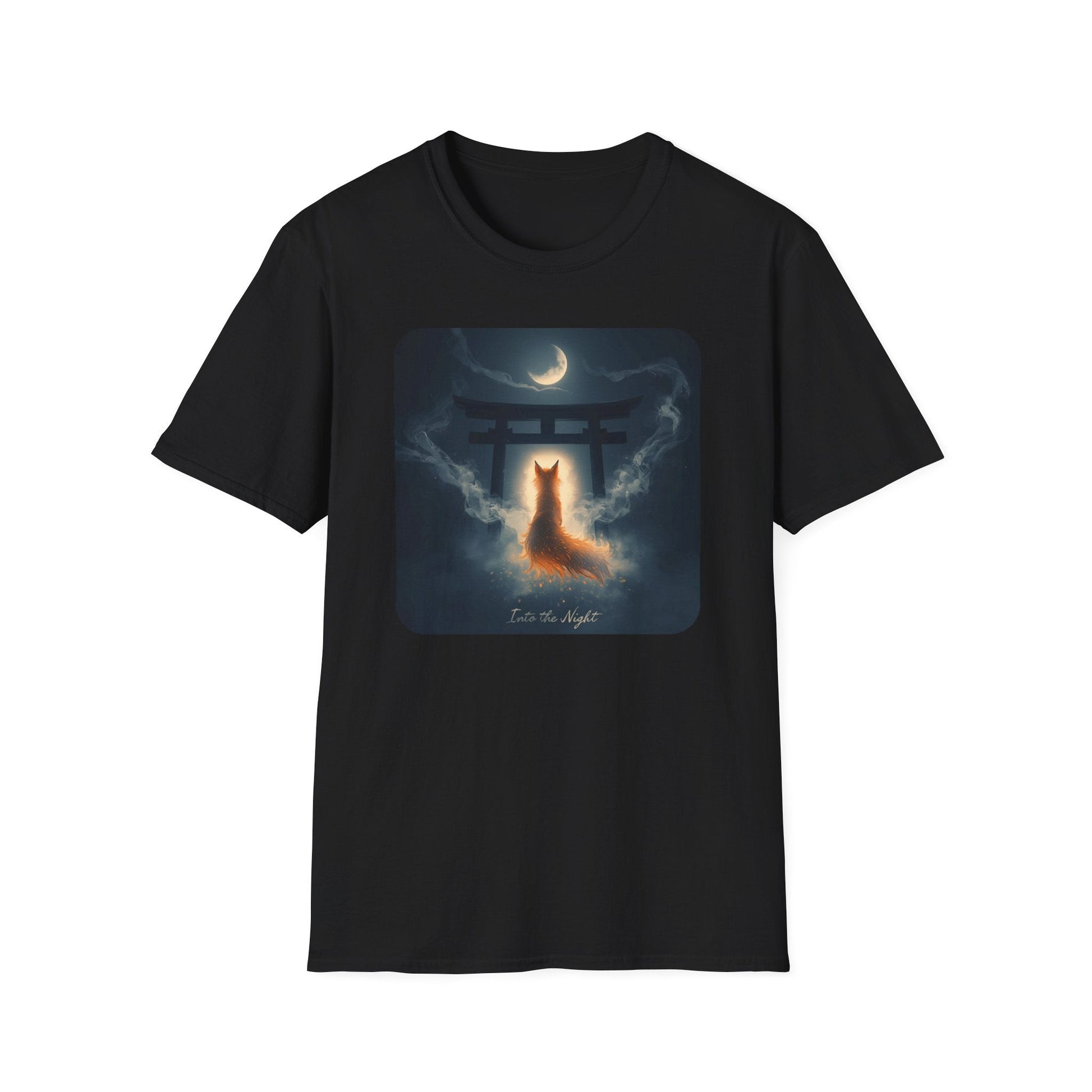 Into the Night Mystic Fox at the Torii T-Shirt in black artwork featuring a glowing fox spirit beneath a torii gate under a crescent moon with swirling mist.