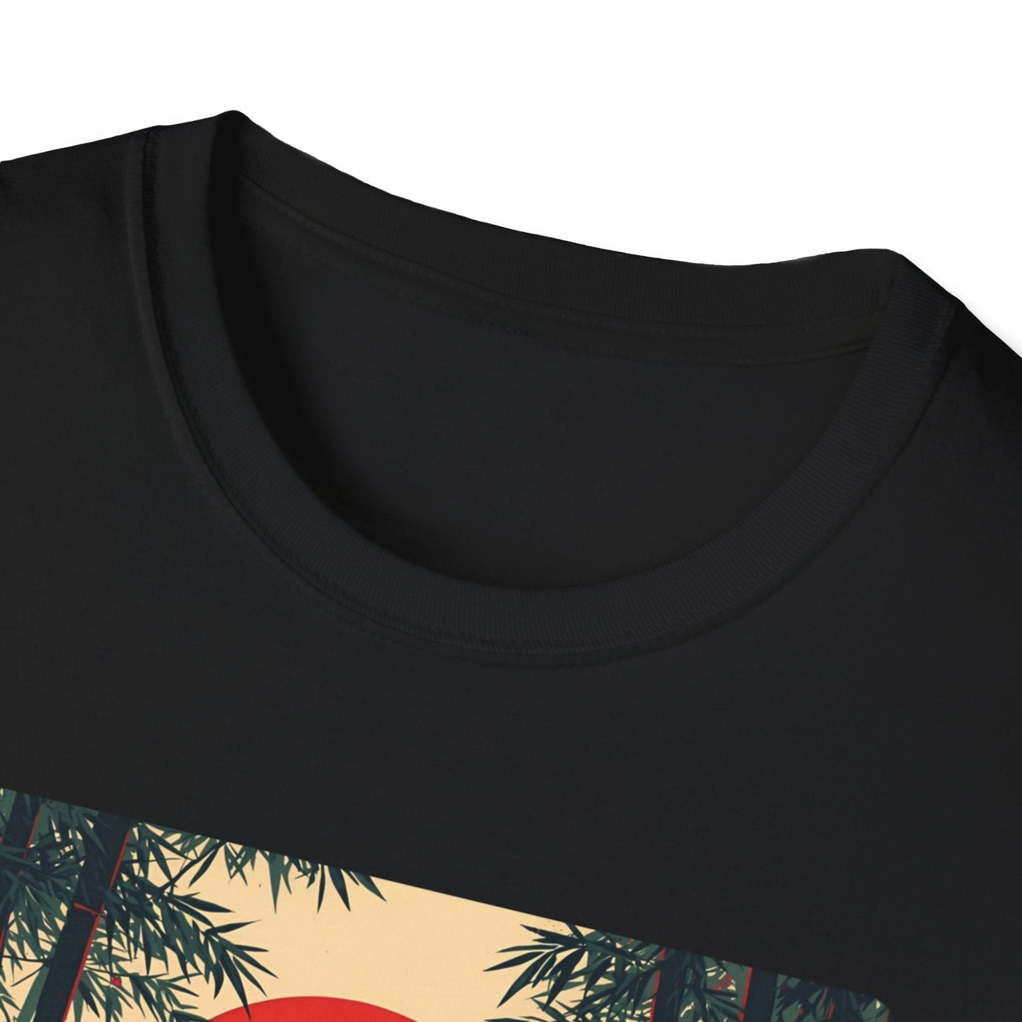 Close-up neckline view of the Solitude Lone Samurai Under the Crimson Moon T-Shirt in black with Japanese-inspired samurai artwork visible on the front.
