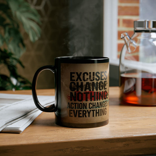 Excuses Change Nothing Action Changes Everything - Motivational Quote Mug - black mug with motivational text