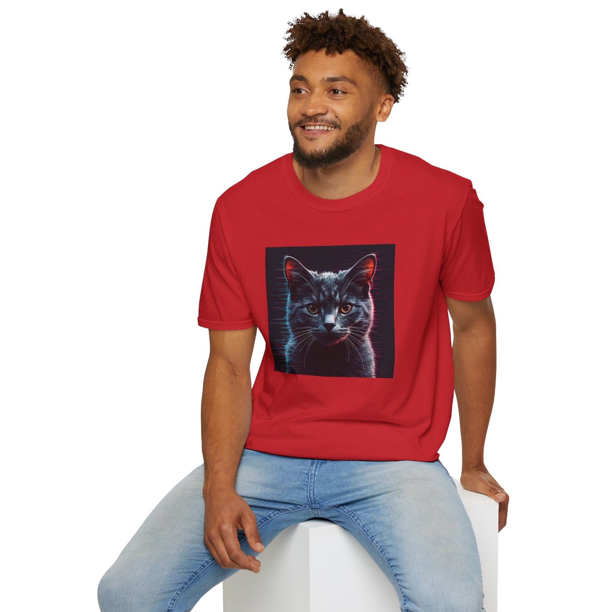Pixellated Cat T-Shirt with retro meow artwork in Red