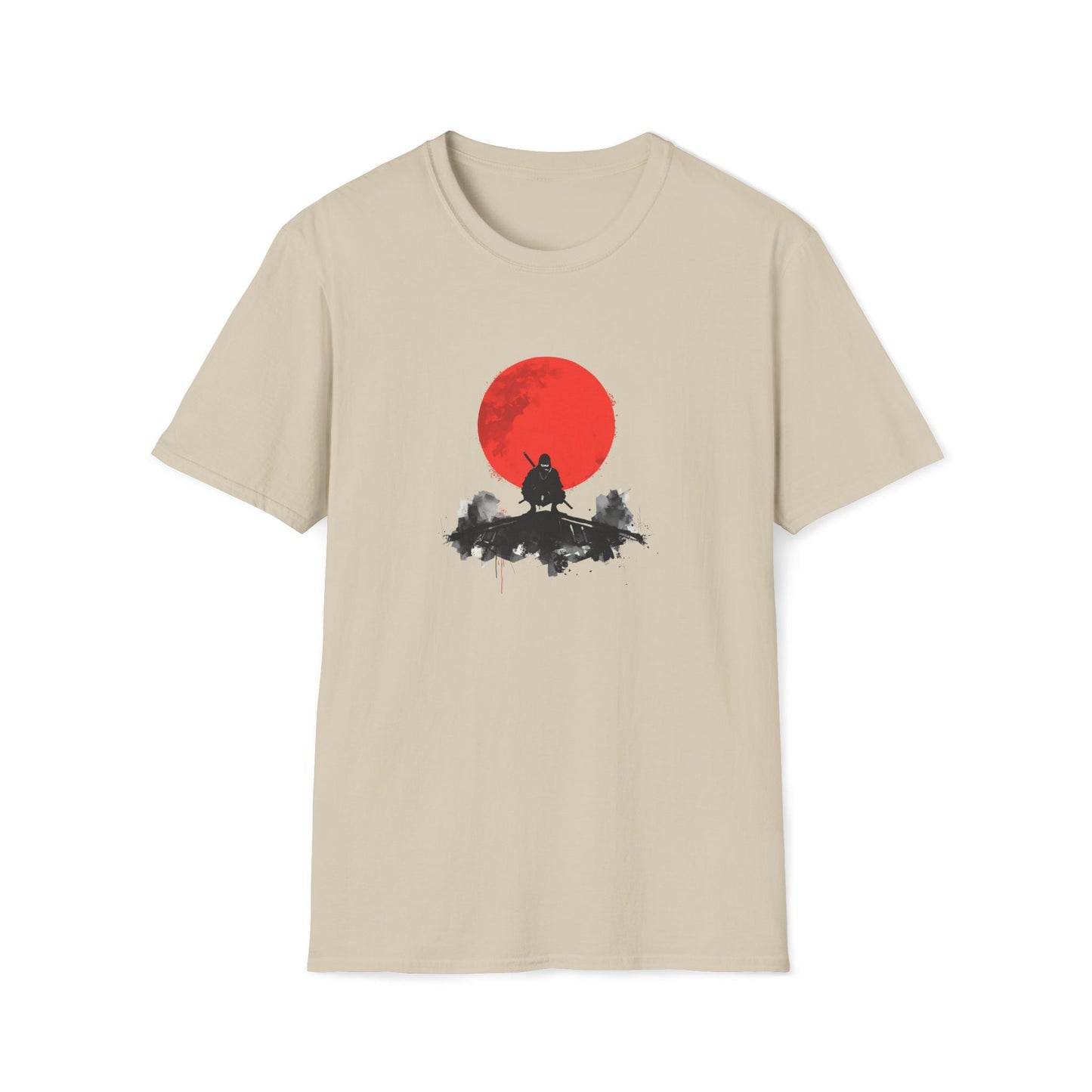 Silent Watch Ninja Beneath the Crimson Moon T-Shirt in natural artwork featuring a shadowed ninja sitting beneath a large crimson moon in a minimalist black and red design.