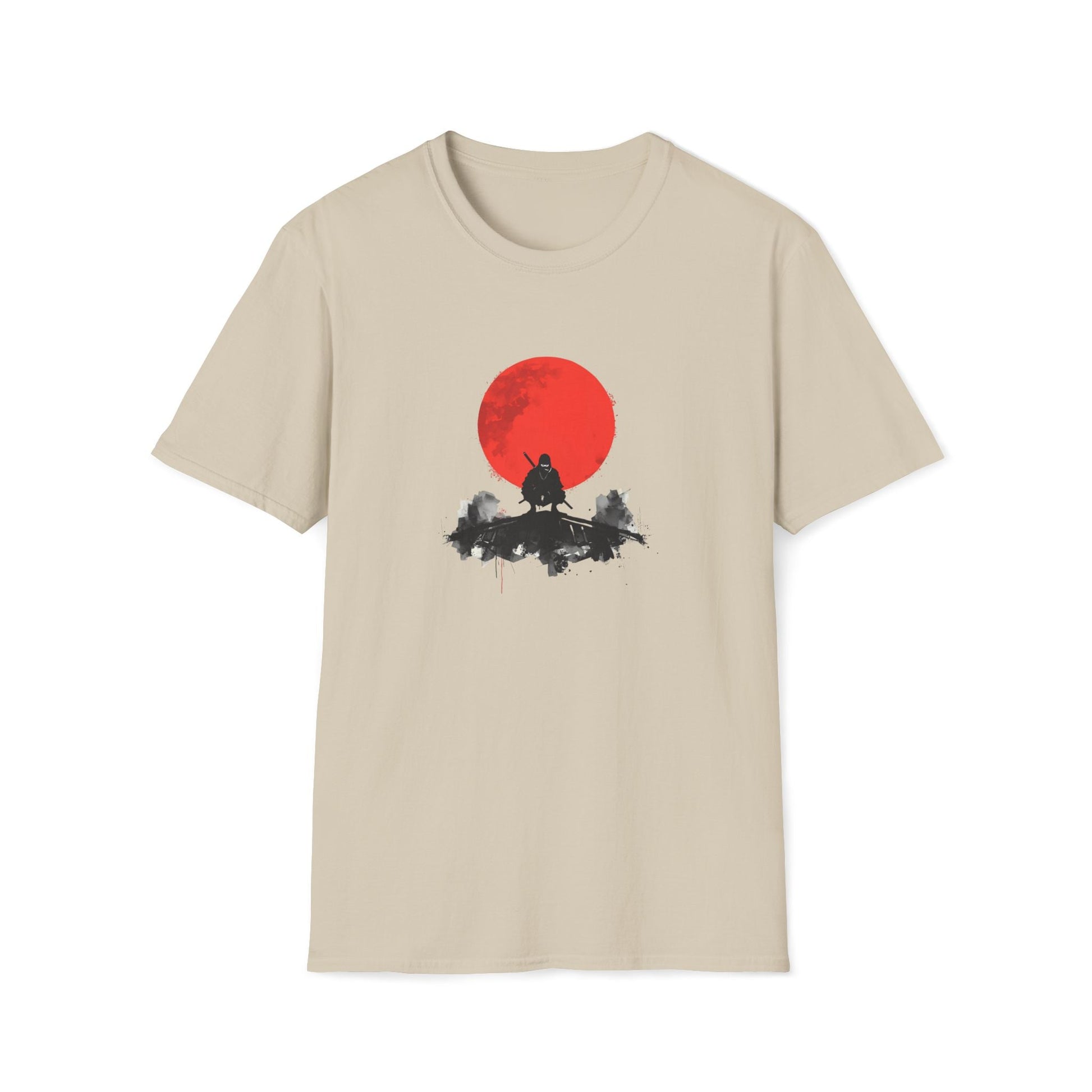 Silent Watch Ninja Beneath the Crimson Moon T-Shirt in natural artwork featuring a shadowed ninja sitting beneath a large crimson moon in a minimalist black and red design.