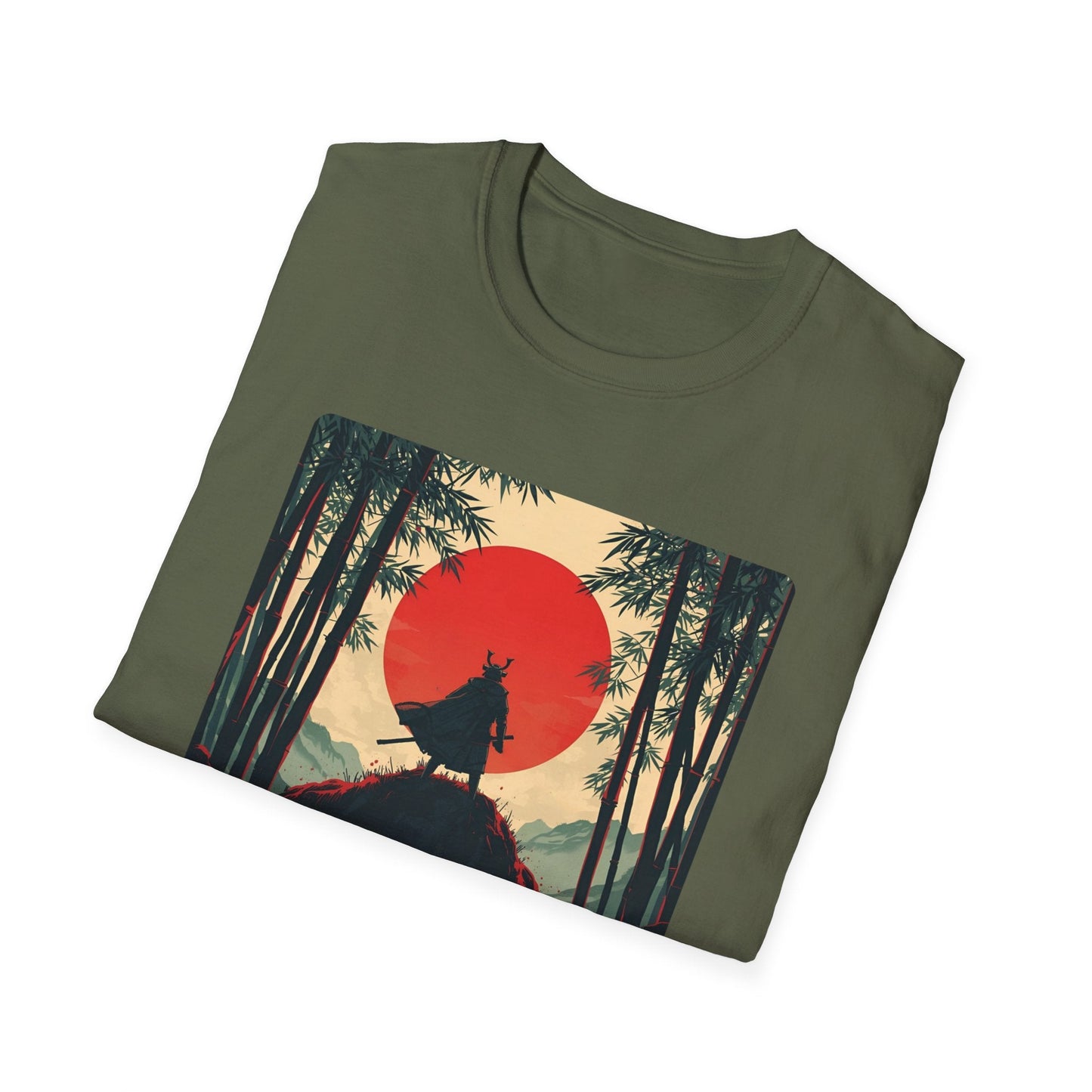 Folded Solitude Lone Samurai Under the Crimson Moon T-Shirt in military green showing Japanese-inspired artwork with a lone samurai, bamboo forest, dark landscape and crimson moon.