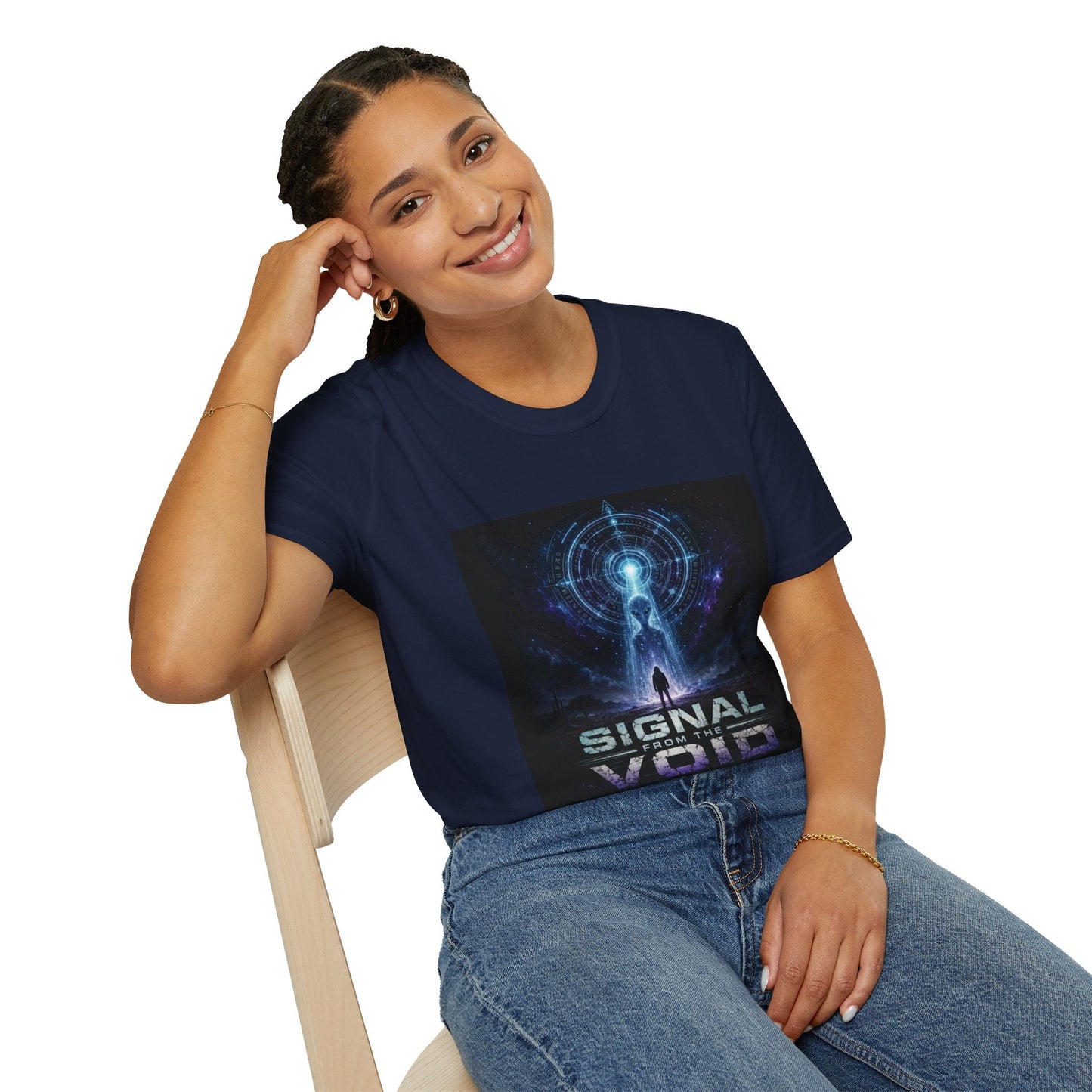 Signal from the Void T-Shirt in navy shown on model with mysterious alien sci-fi graphic design