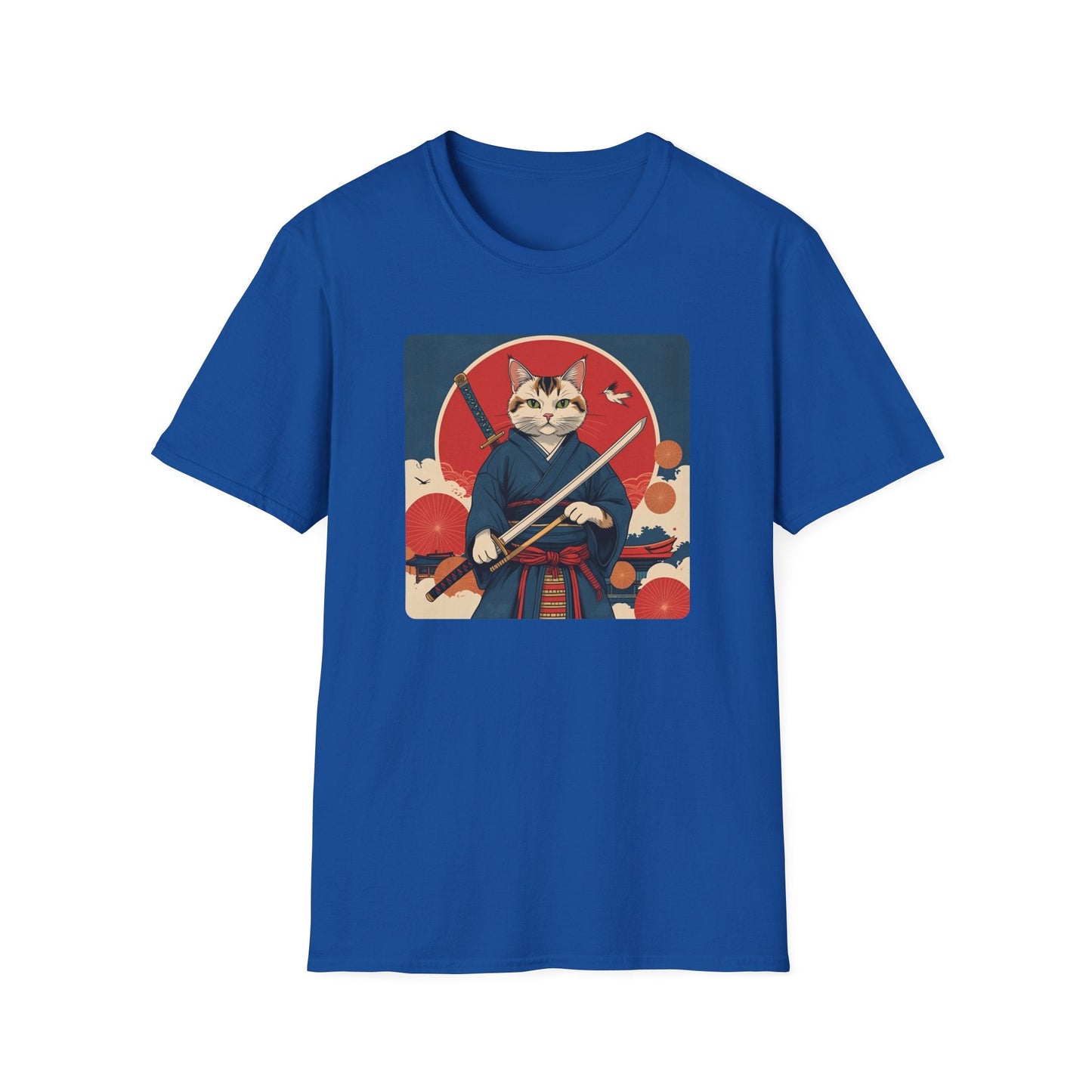 Whisper of the Blade Samurai Cat T-Shirt in royal, artwork featuring a calm cat warrior in samurai robes holding a sword beneath a bold red sun.