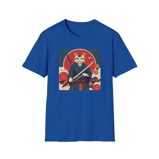 Whisper of the Blade Samurai Cat T-Shirt in royal, artwork featuring a calm cat warrior in samurai robes holding a sword beneath a bold red sun.
