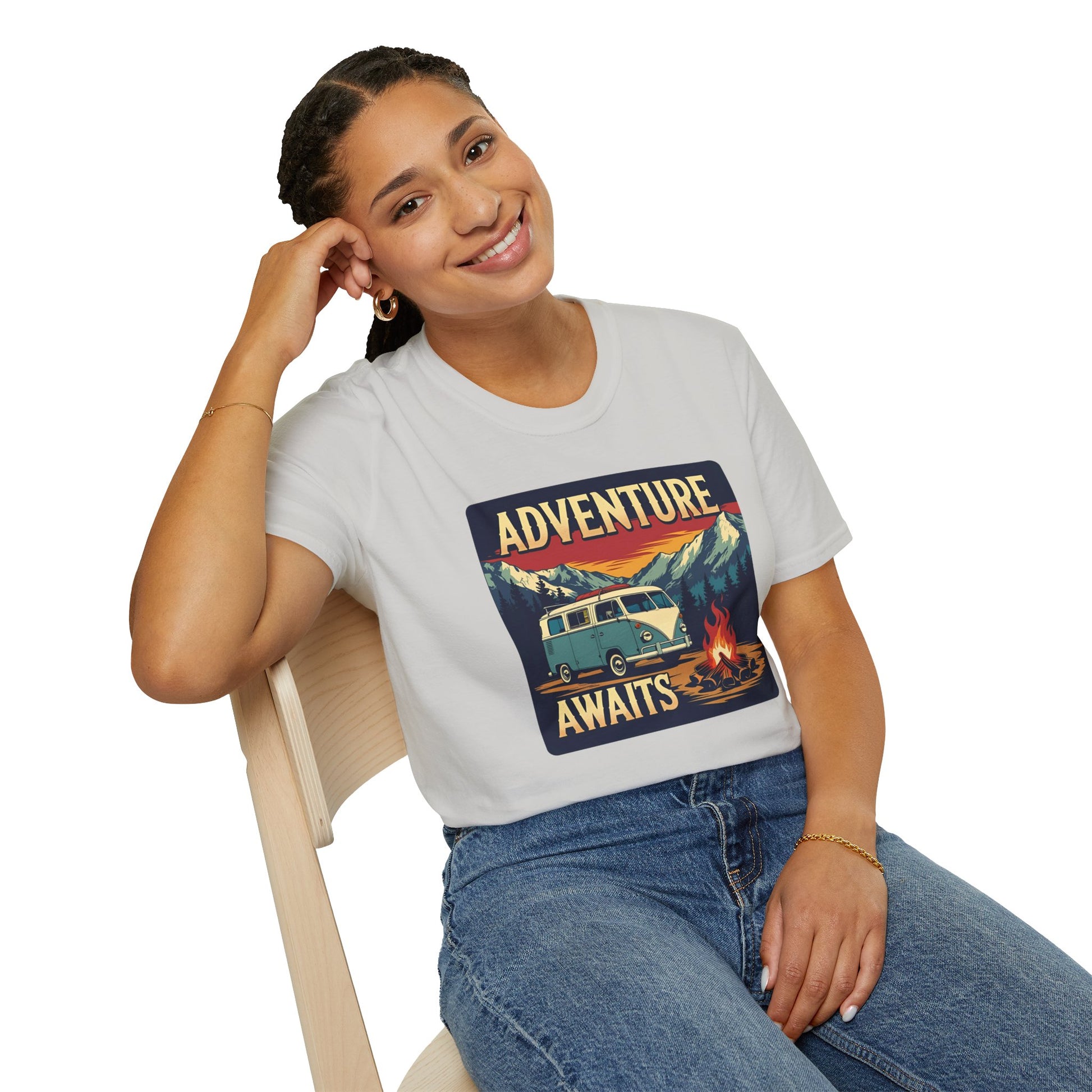 Adventure Awaits - Retro Camper Van Adventure T-Shirt in Ice Grey