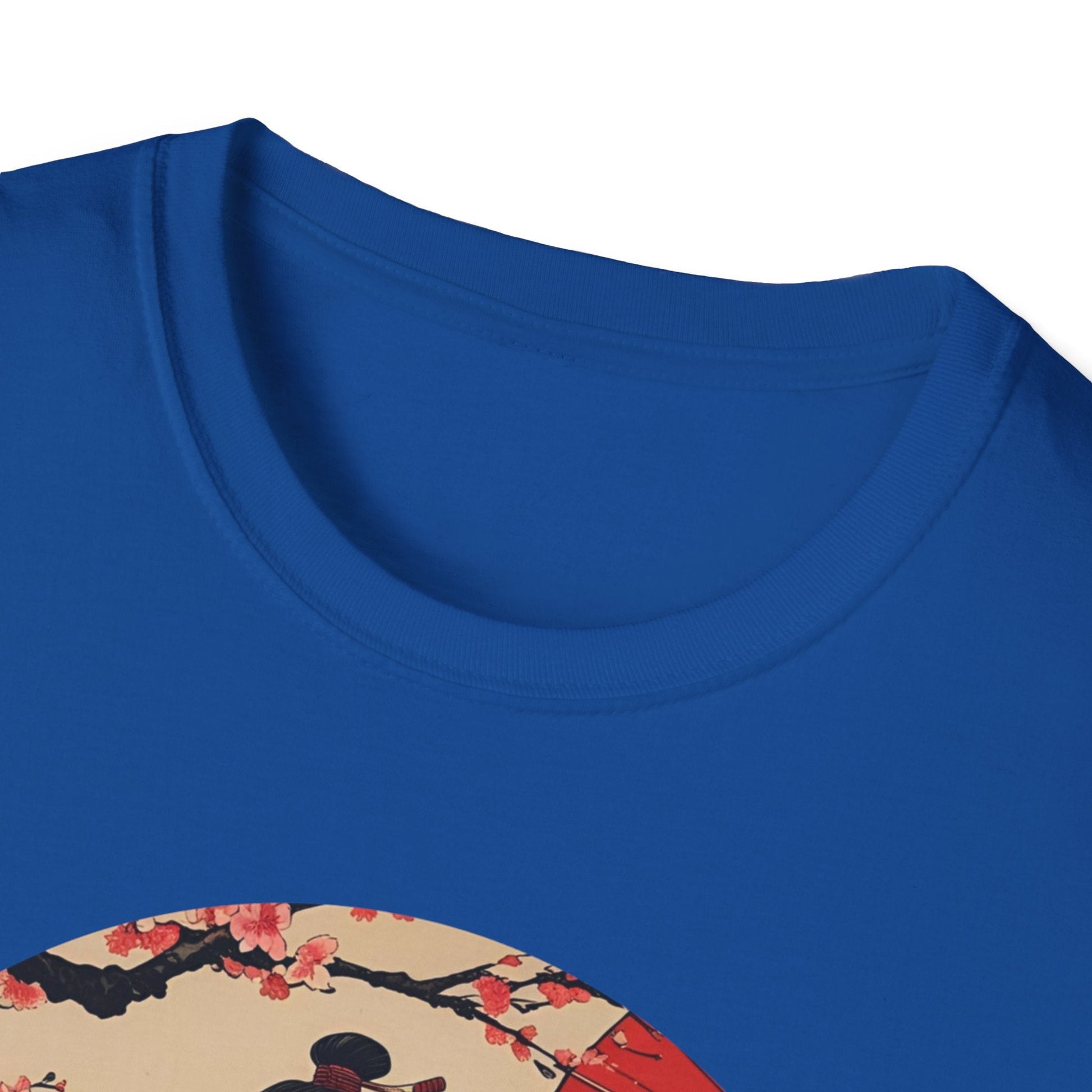 Close-up neckline view of the Crimson Bloom Ronin Samurai Warrior T-Shirt in royal with Japanese-inspired warrior artwork visible on the front.