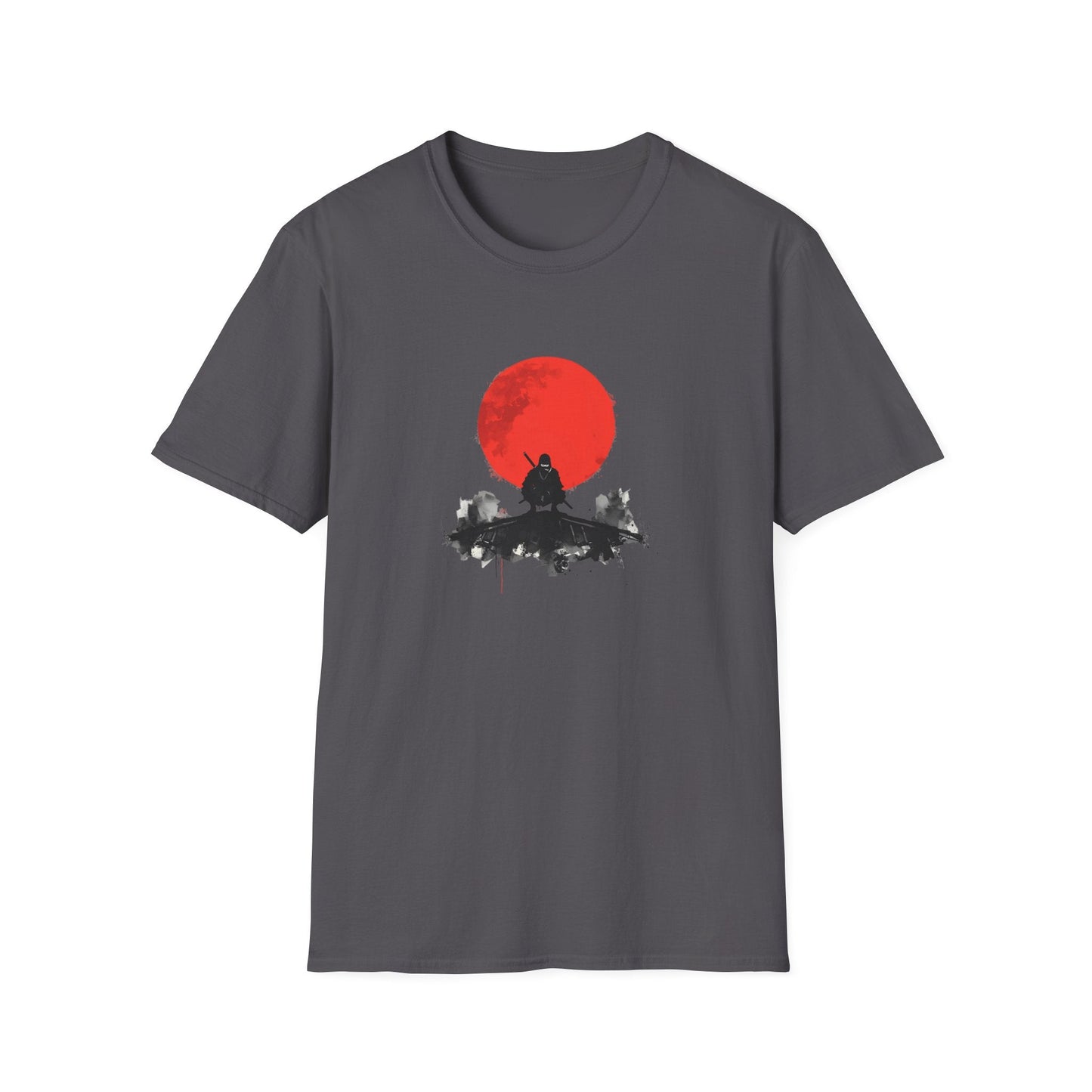 Silent Watch Ninja Beneath the Crimson Moon T-Shirt in charcoal artwork featuring a shadowed ninja sitting beneath a large crimson moon in a minimalist black and red design.
