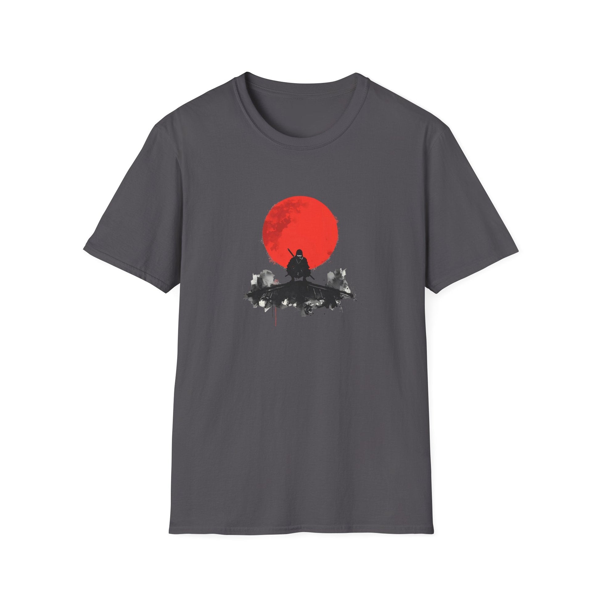 Silent Watch Ninja Beneath the Crimson Moon T-Shirt in charcoal artwork featuring a shadowed ninja sitting beneath a large crimson moon in a minimalist black and red design.