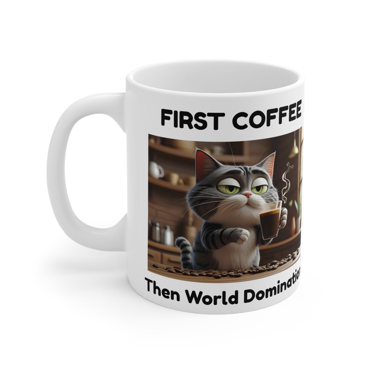 First Coffee, Then World Domination – Sneaky Cat Mug - Front view