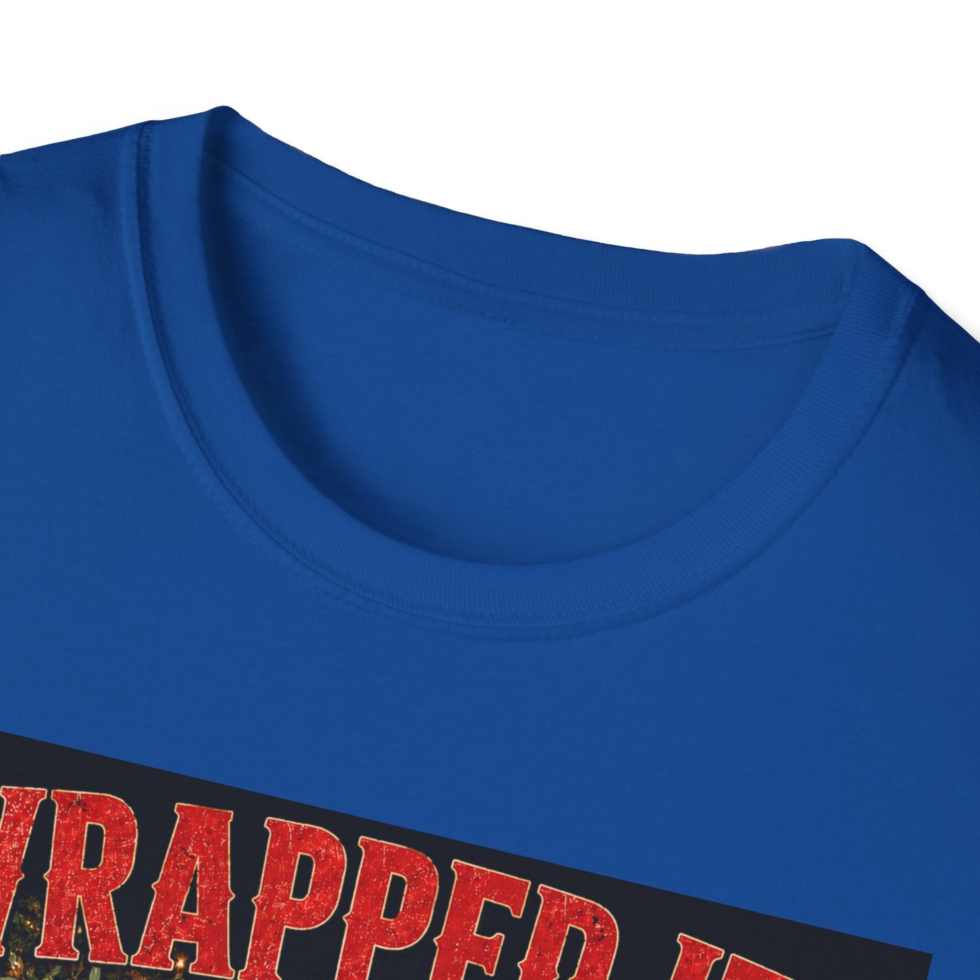 Close-up neckline image of the Wrapped It. Regretted It. Koala Christmas T-Shirt in royal