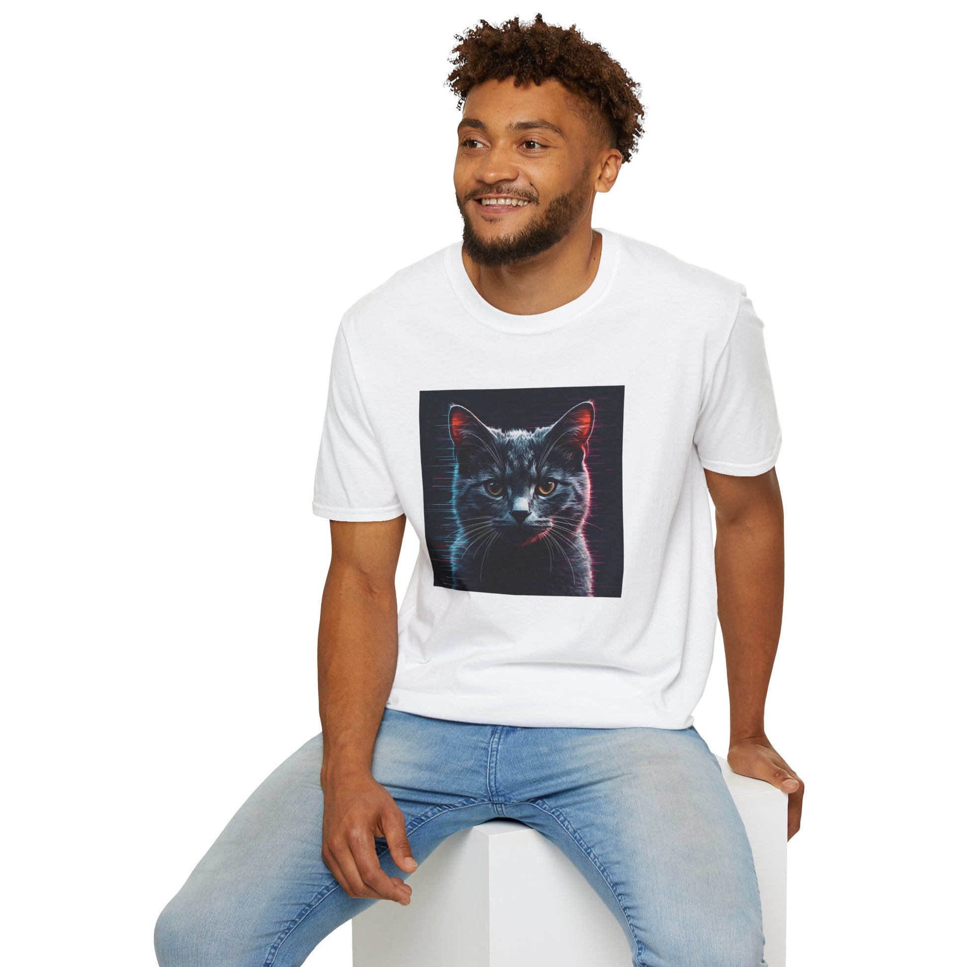 Pixellated Cat T-Shirt with retro meow artwork in White