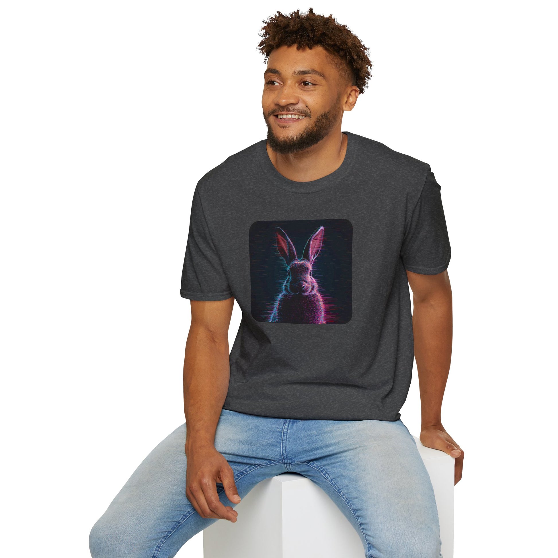 Pixellated Bunny T-Shirt with retro gamer bunny artwork in Dark Heather 