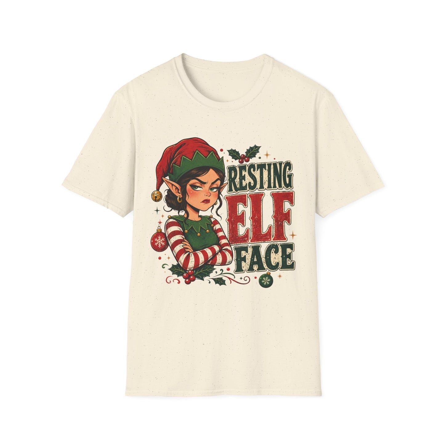 Resting Elf Face Sassy Elf Christmas T-Shirt in natural,  design featuring an unimpressed female elf with festive attitude.