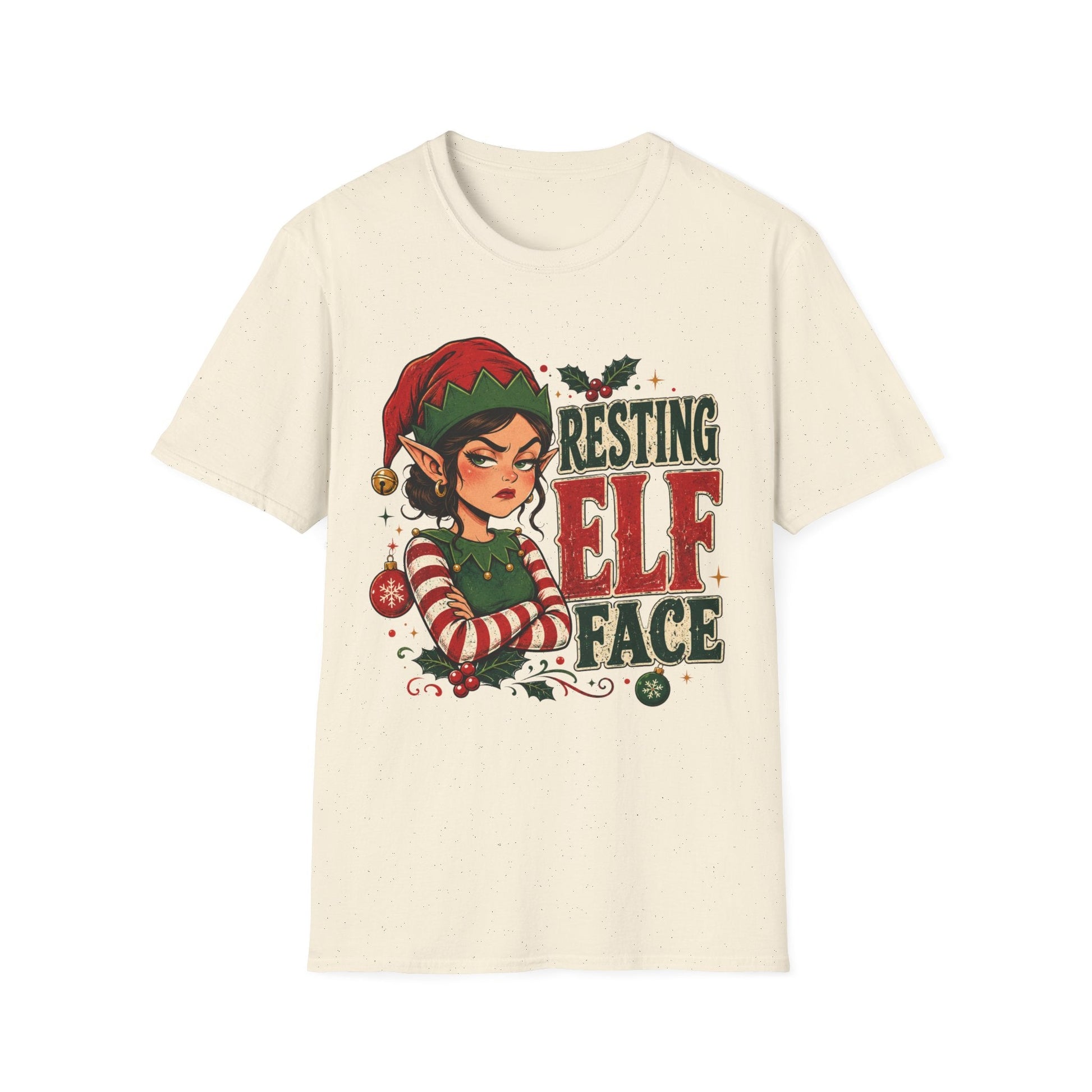 Resting Elf Face Sassy Elf Christmas T-Shirt in natural,  design featuring an unimpressed female elf with festive attitude.