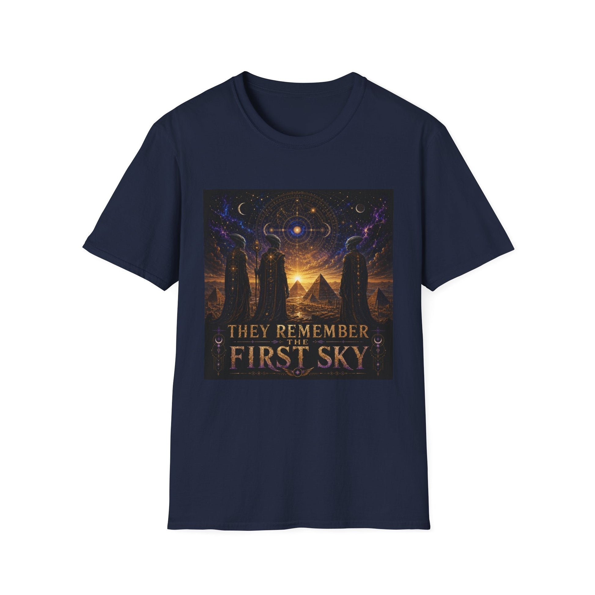 They Remember the First Sky T-Shirt in navy, artwork featuring robed alien figures overlooking pyramids beneath a golden celestial sky map.