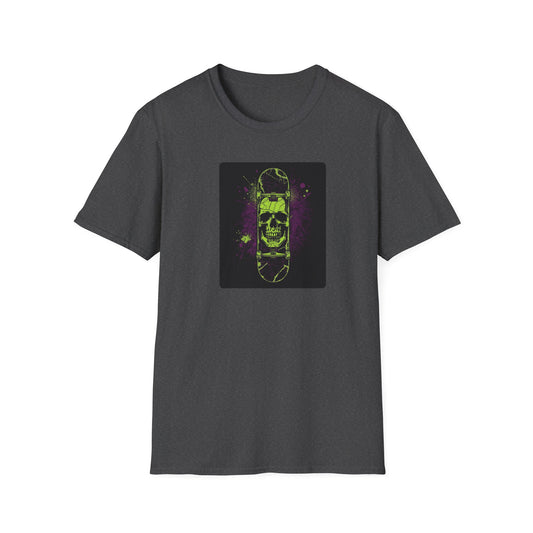 Neon Skull Skateboard – Electric Street Rebel T-Shirt in Dark Heather