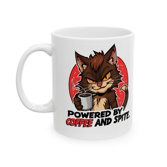 Powered by Coffee and Spite Funny Ceramic Mug - white mug with image and funny text