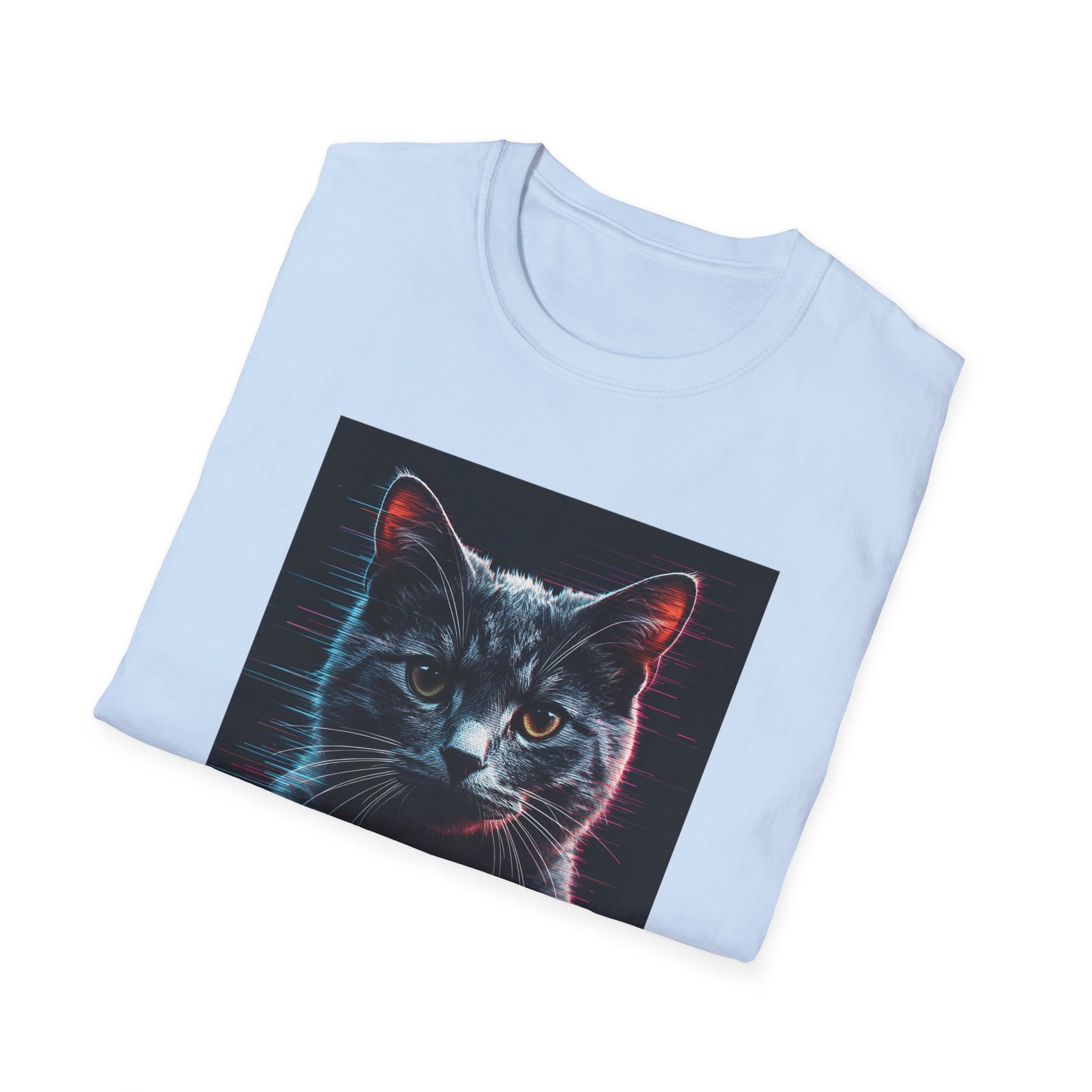 Pixellated Cat - Retro Meow Mode T-Shirt in Light Blue - Folded