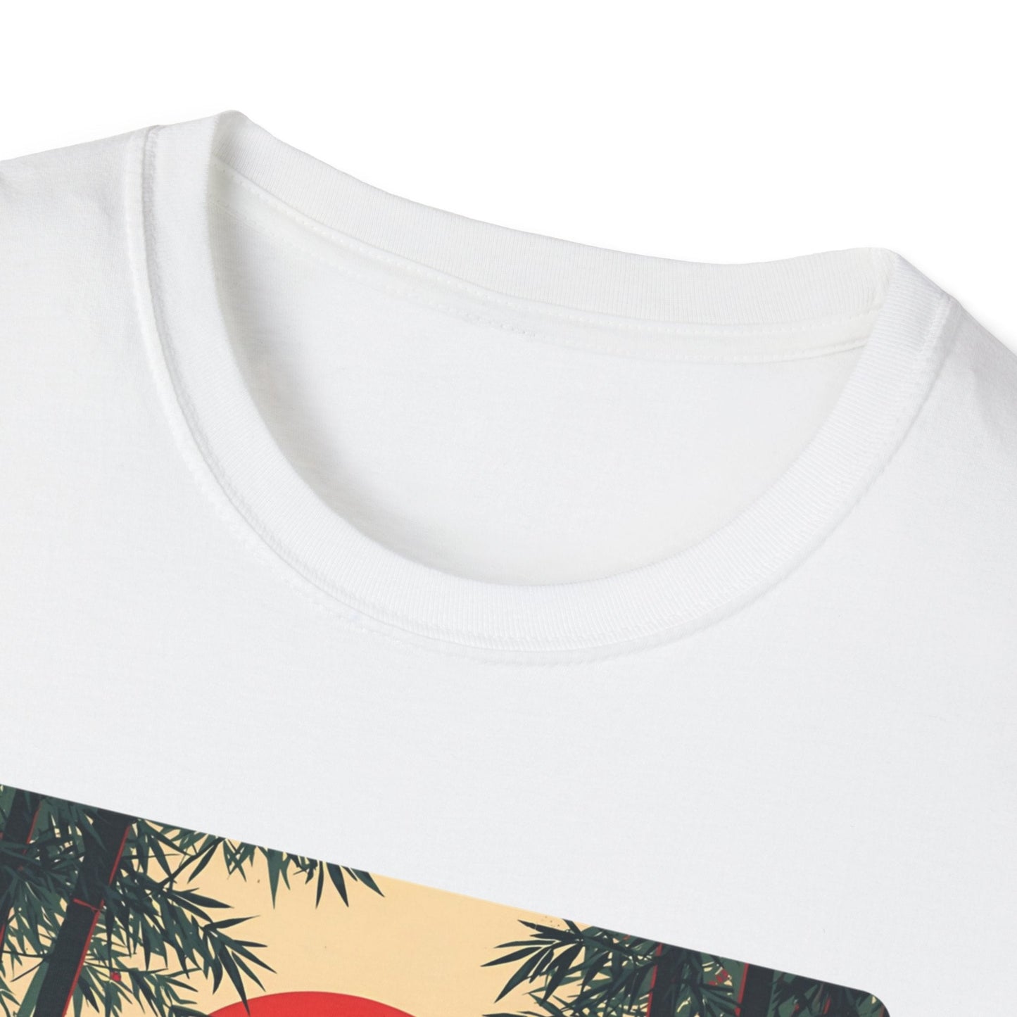 Close-up neckline view of the Solitude Lone Samurai Under the Crimson Moon T-Shirt in white with Japanese-inspired samurai artwork visible on the front.