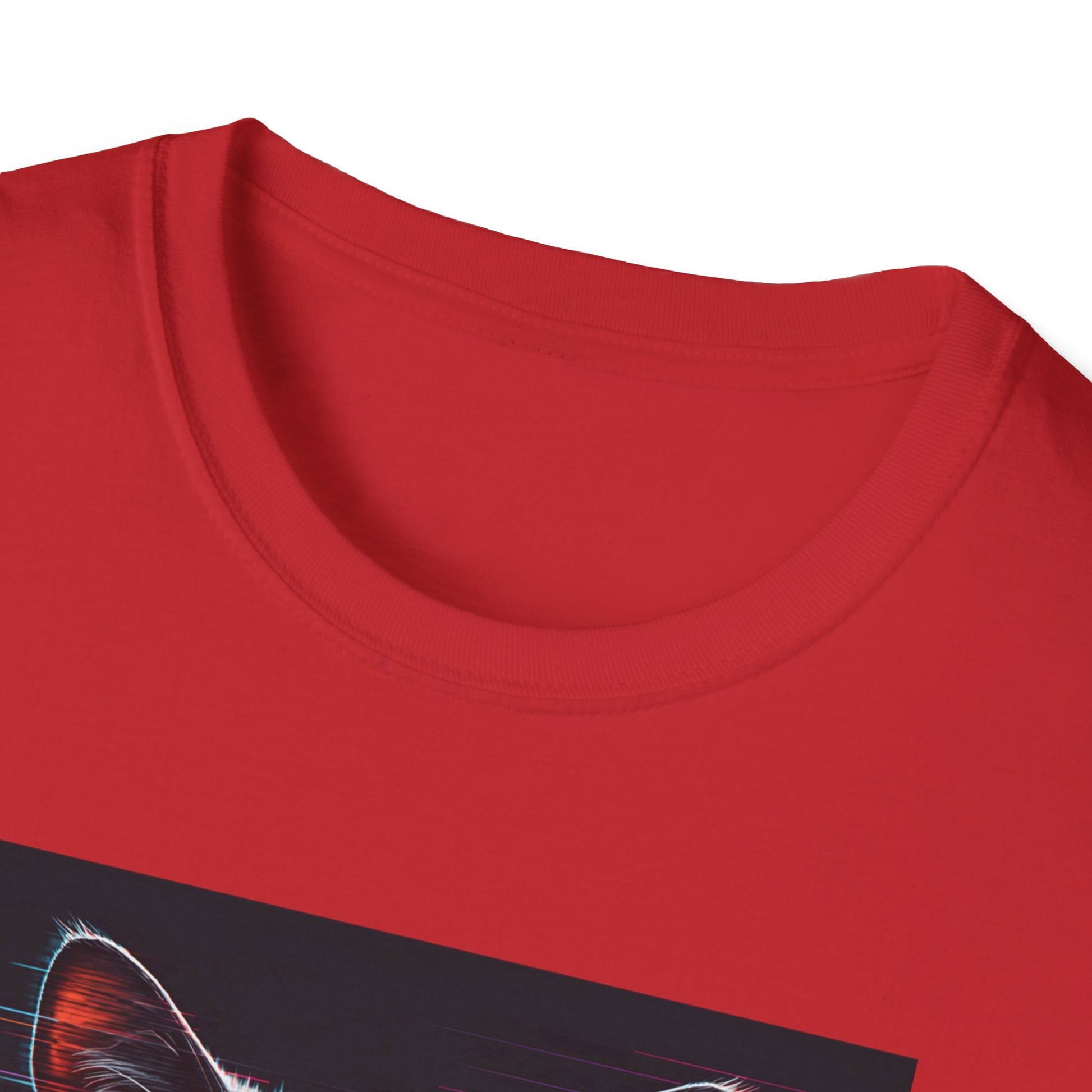 Pixellated Cat - Retro Meow Mode T-Shirt in Red - Neckline