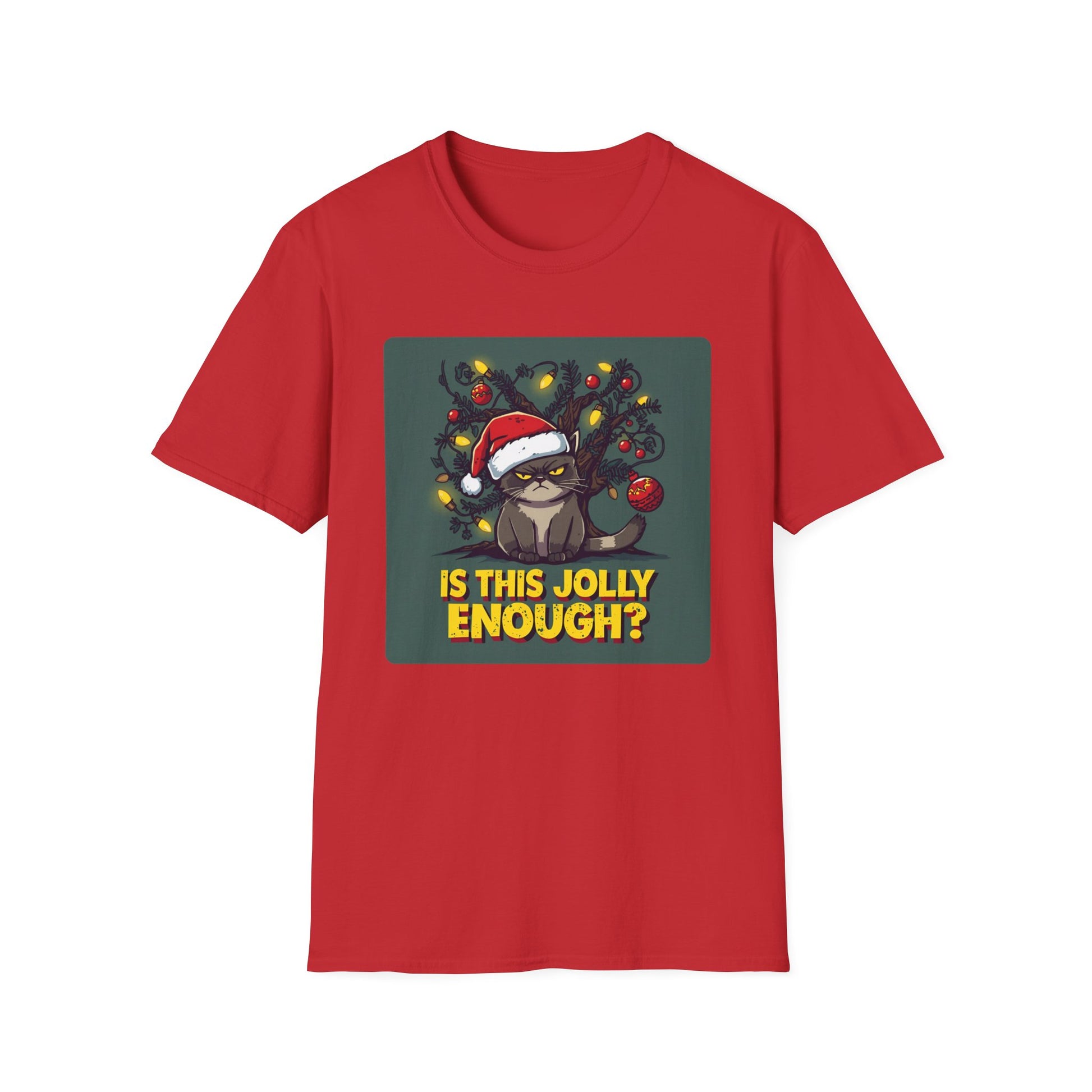 Grumpy Christmas Cat T-Shirt – “Is This Jolly Enough?” in Red