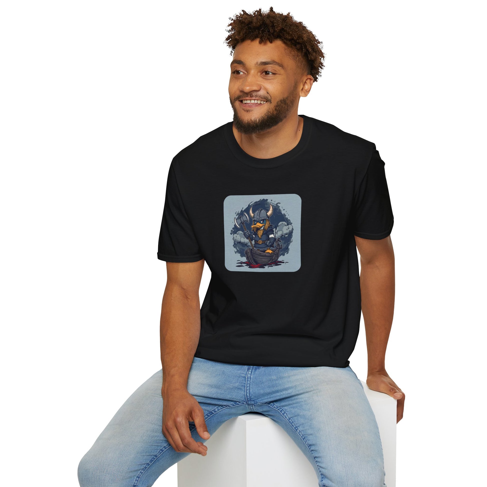 Goth Viking Duck T-Shirt with dark cartoon chaos artwork in Black