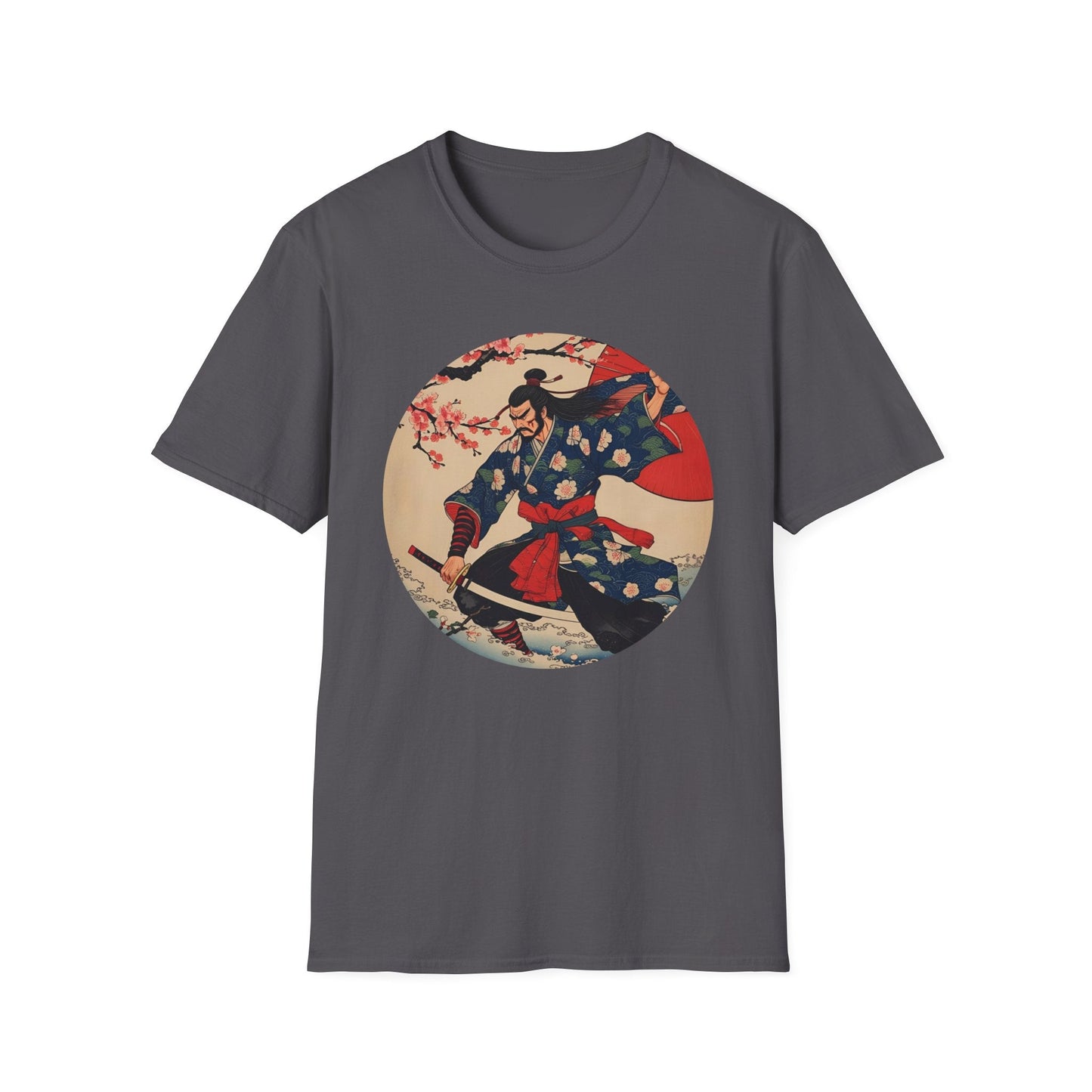 Crimson Bloom Ronin Samurai Warrior T-Shirt in charcoal, artwork featuring a dynamic samurai warrior with cherry blossoms, crimson parasol and vintage Japanese-inspired style.