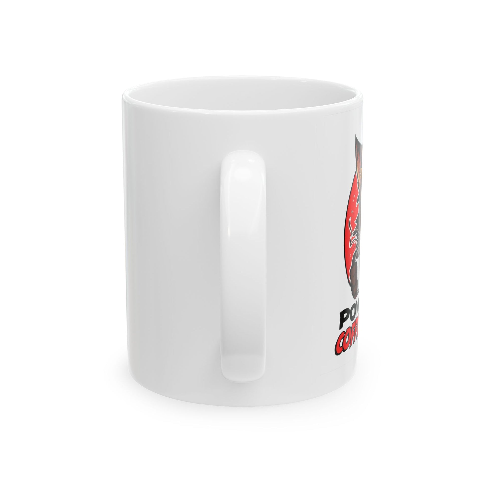 Powered by Coffee and Spite Funny Ceramic Mug - side view - white mug with image and funny text