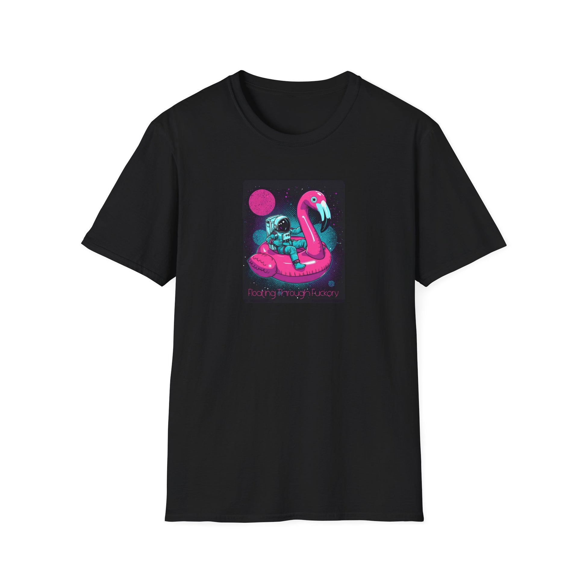 Floating Through Fckery T-Shirt – Surreal Astronaut Flamingo Space Tee in Black