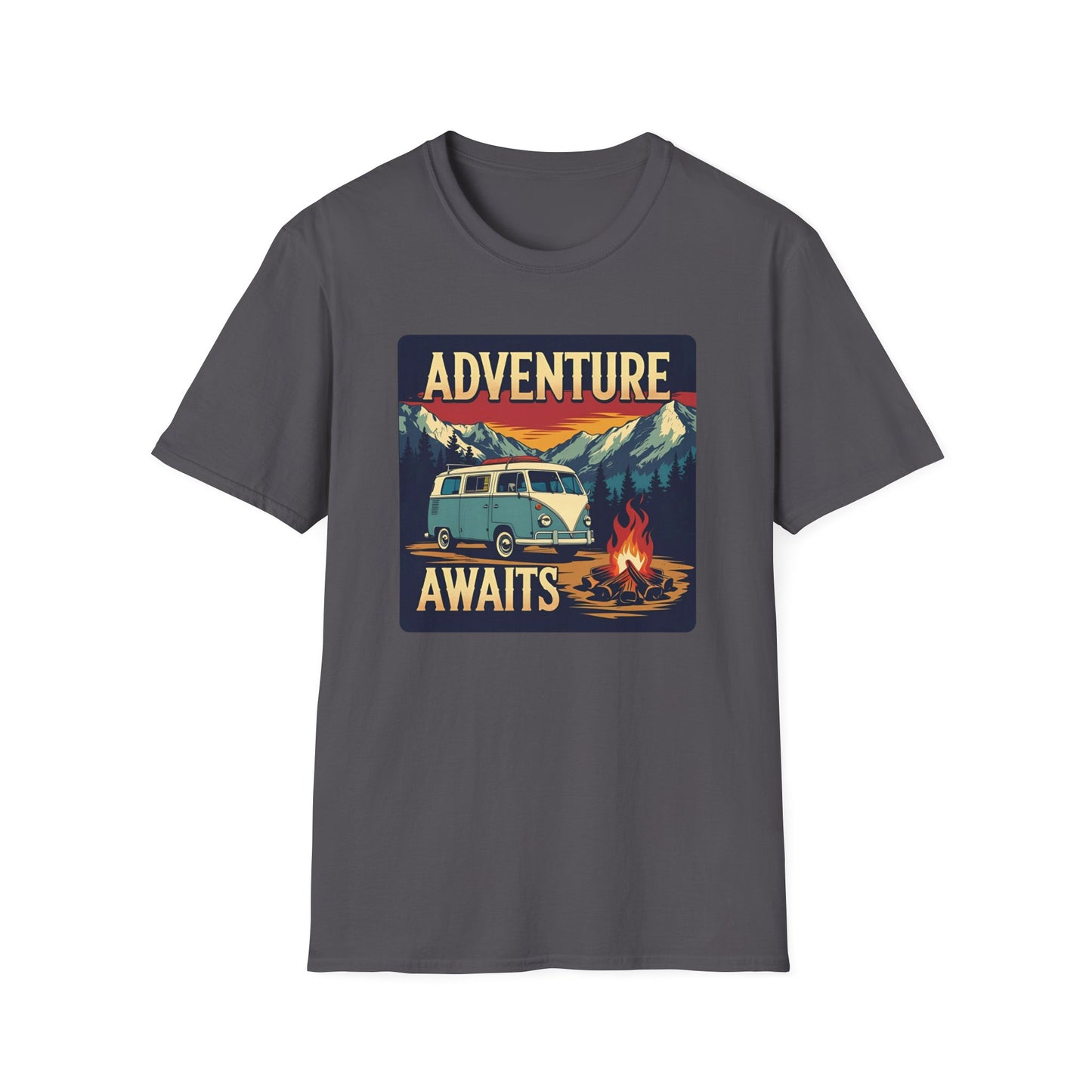 Adventure Awaits - Retro Camper Van Adventure T-Shirt in Charcoal