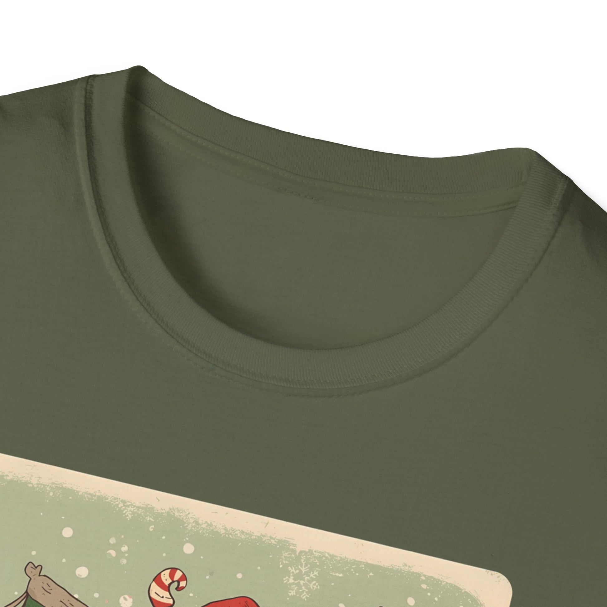 Santa Claws Festive T-Shirt in Military Green - Neckline