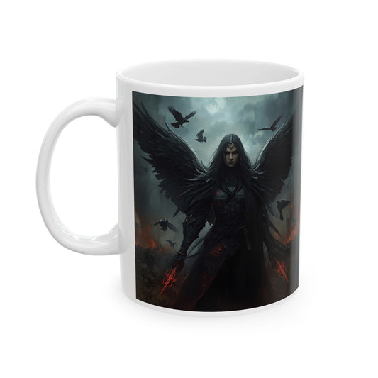 Morrigan – Celtic Goddess Coffee Mug - white cup with Morrigan image