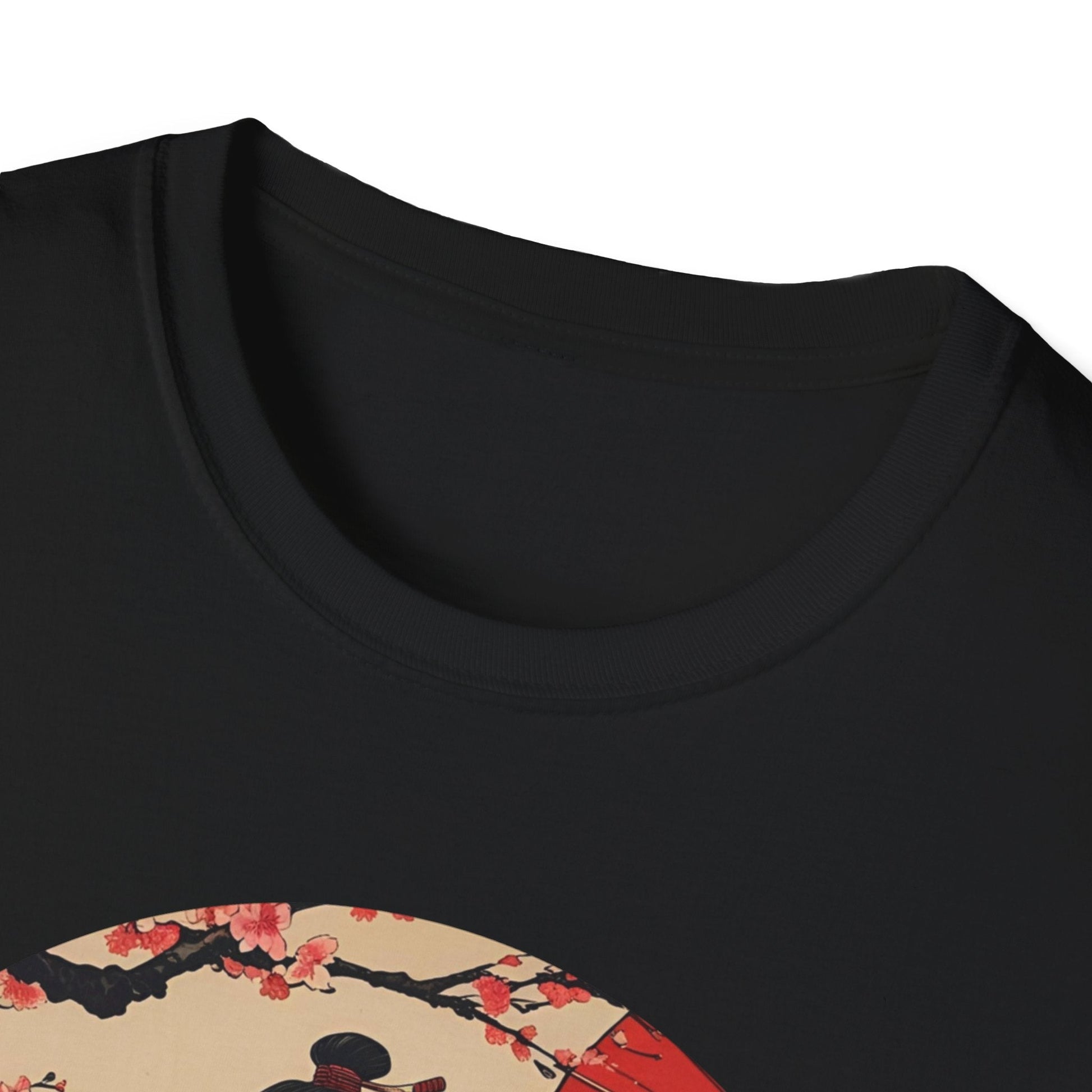 Close-up neckline view of the Crimson Bloom Ronin Samurai Warrior T-Shirt in black with Japanese-inspired warrior artwork visible on the front.