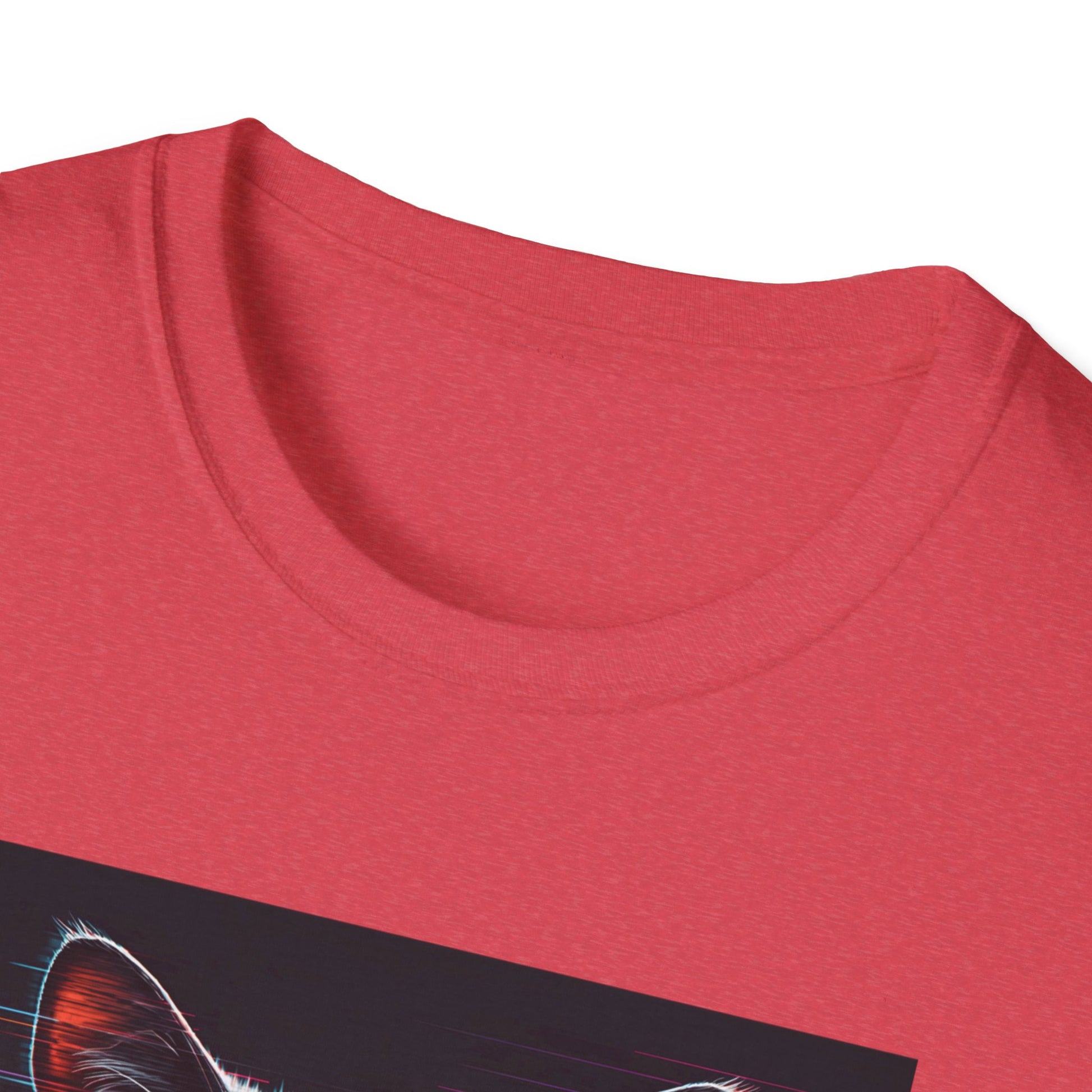 Pixellated Cat - Retro Meow Mode T-Shirt in Heather Red - Neckline