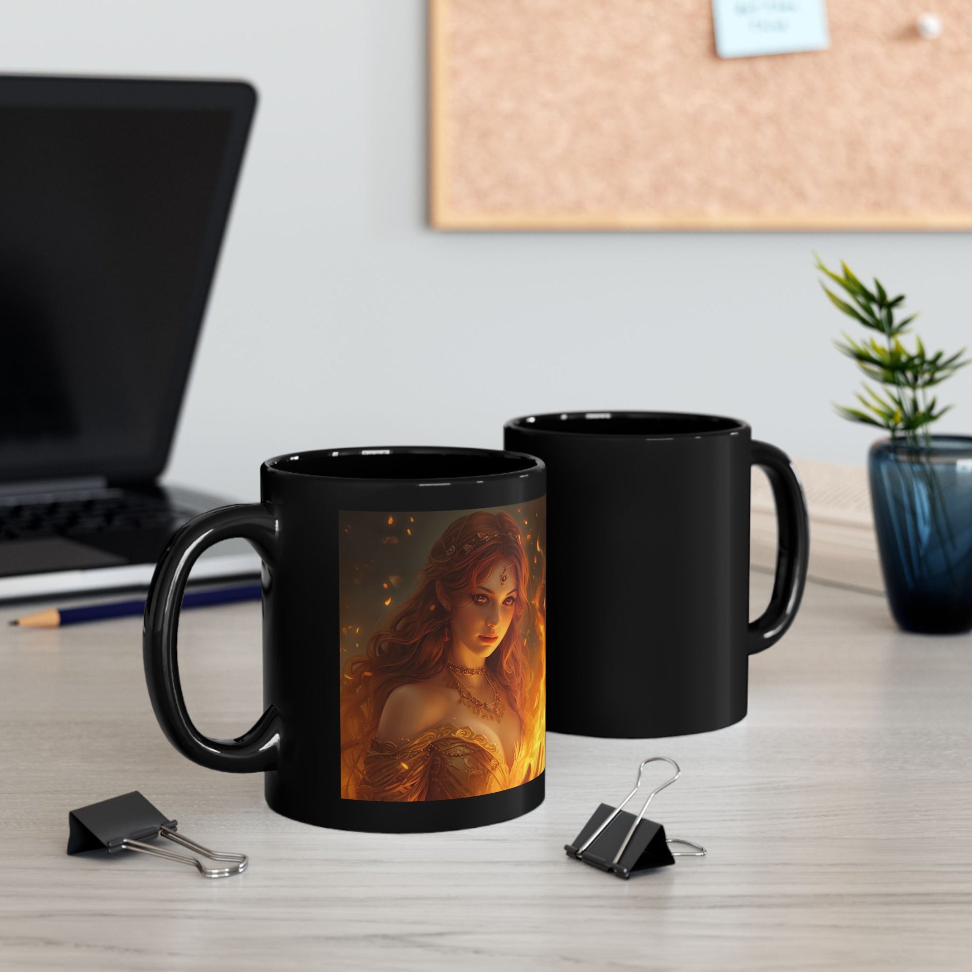 Hestia Mug with sacred hearth artwork - front and back view