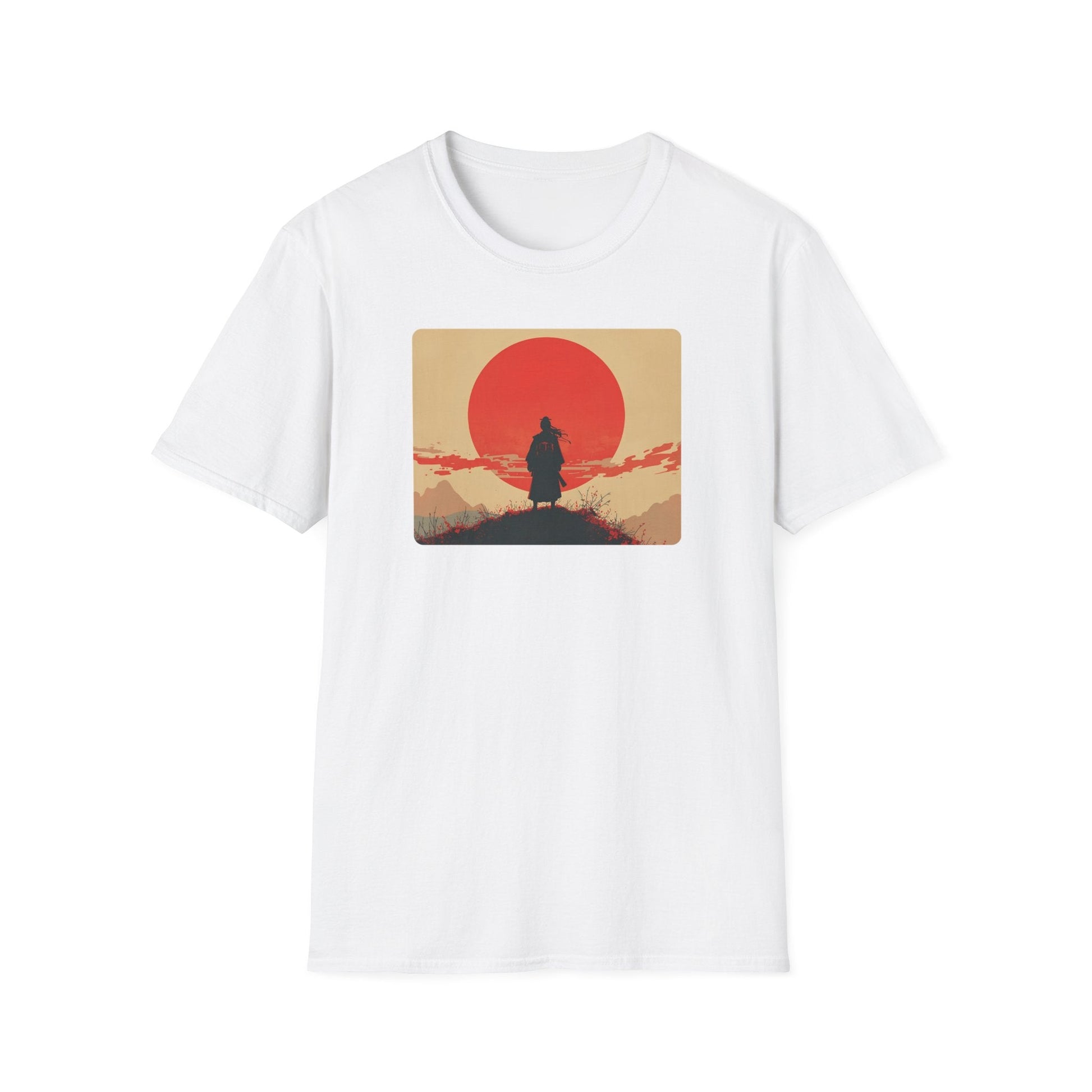 Longing Samurai Beneath the Crimson Sun T-Shirt in white artwork featuring a lone samurai silhouette standing beneath a large crimson sun in a minimalist Japanese-inspired landscape.