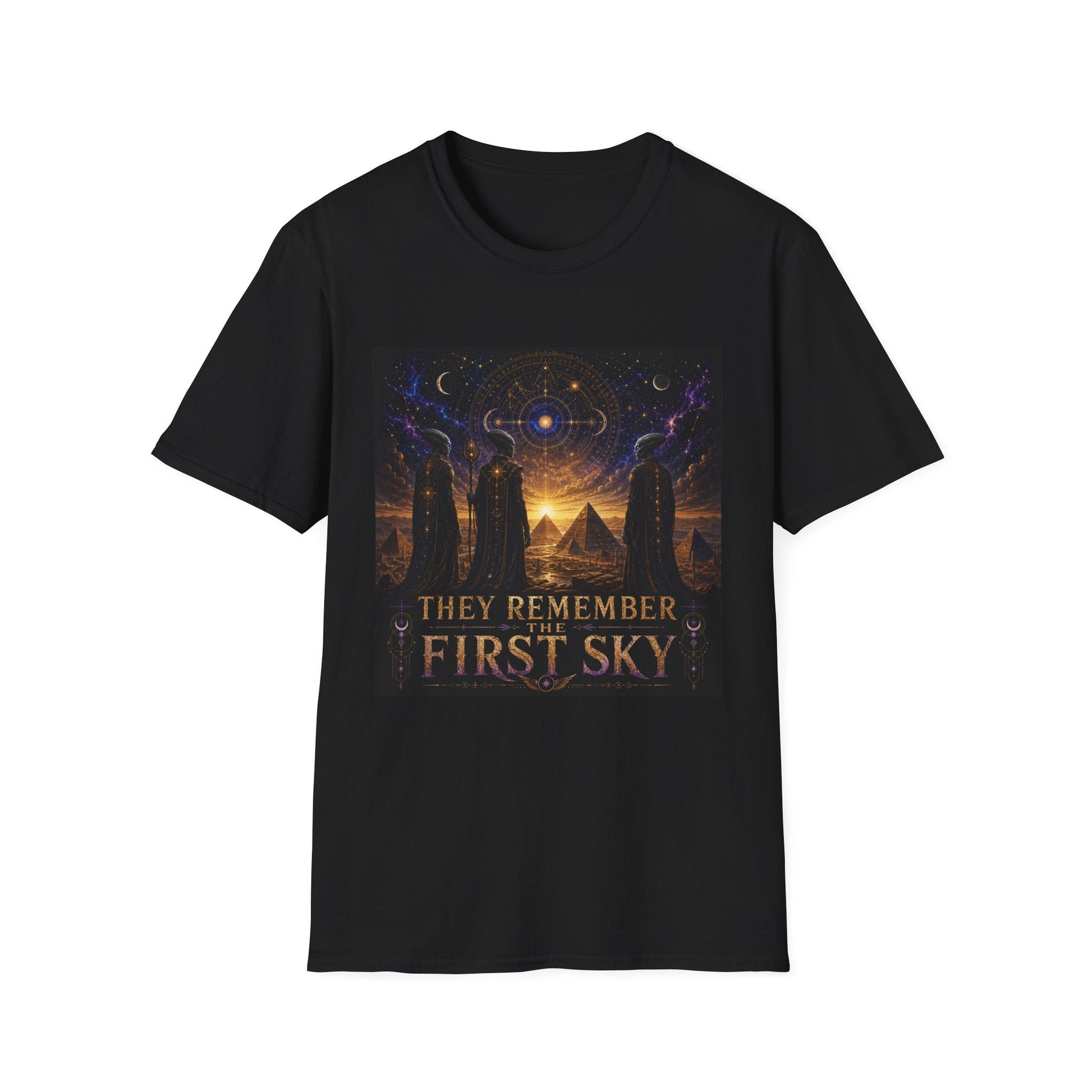 They Remember the First Sky T-Shirt in black, artwork featuring robed alien figures overlooking pyramids beneath a golden celestial sky map.