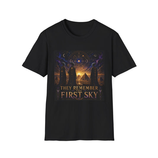 They Remember the First Sky T-Shirt in black, artwork featuring robed alien figures overlooking pyramids beneath a golden celestial sky map.