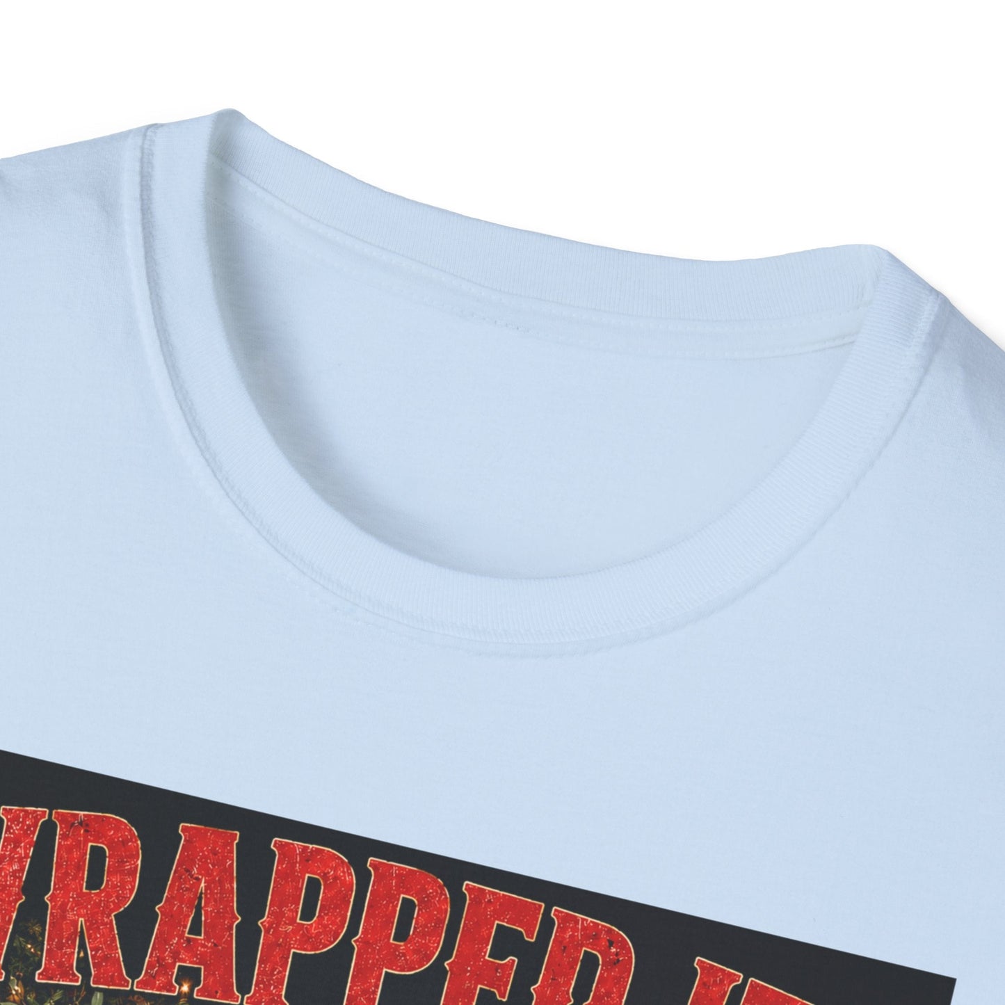 Close-up neckline image of the Wrapped It. Regretted It. Koala Christmas T-Shirt in light blue