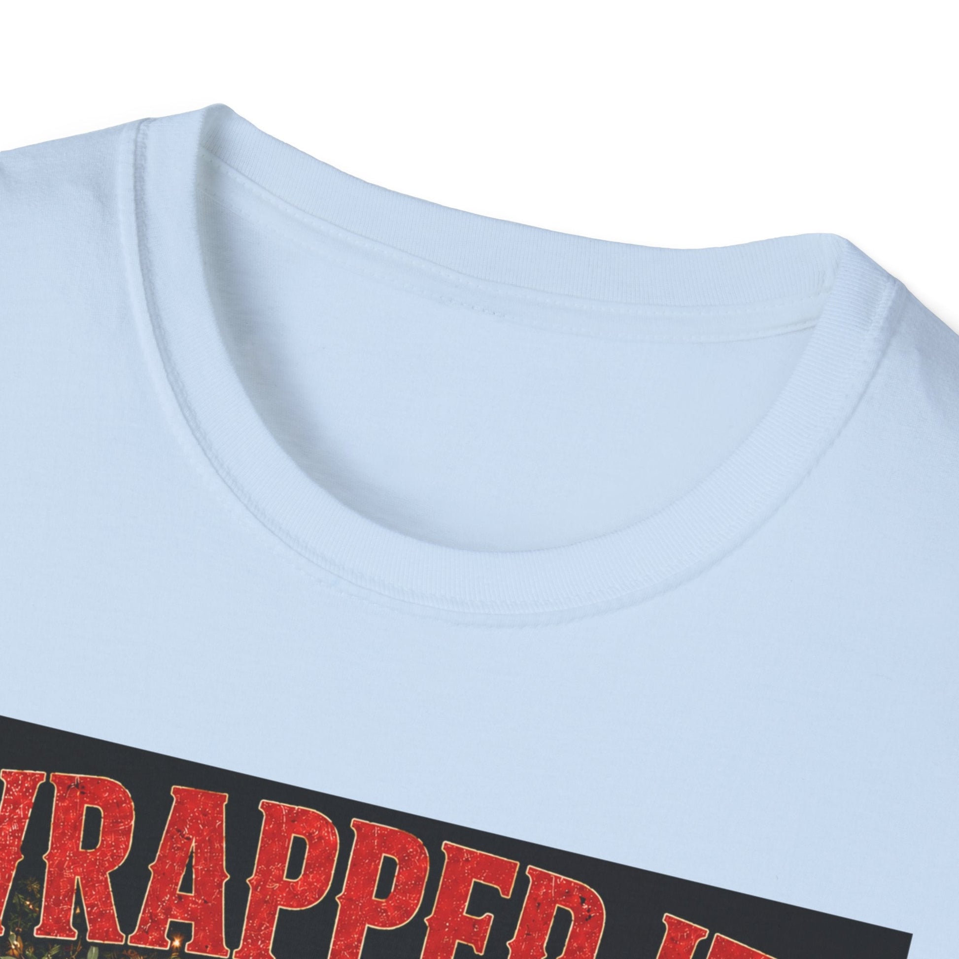 Close-up neckline image of the Wrapped It. Regretted It. Koala Christmas T-Shirt in light blue