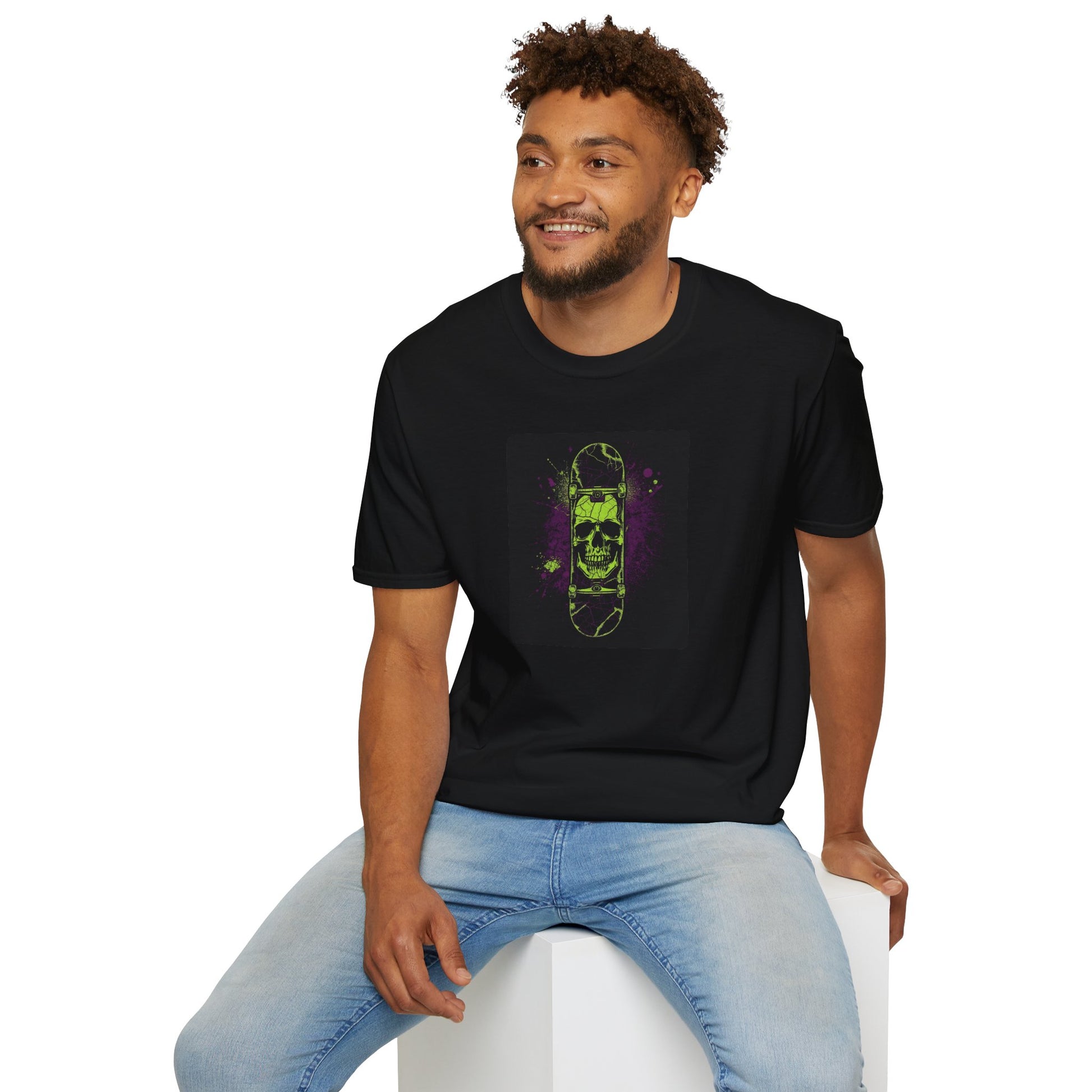 Neon Skull Skateboard T-Shirt with electric street rebel artwork in Black