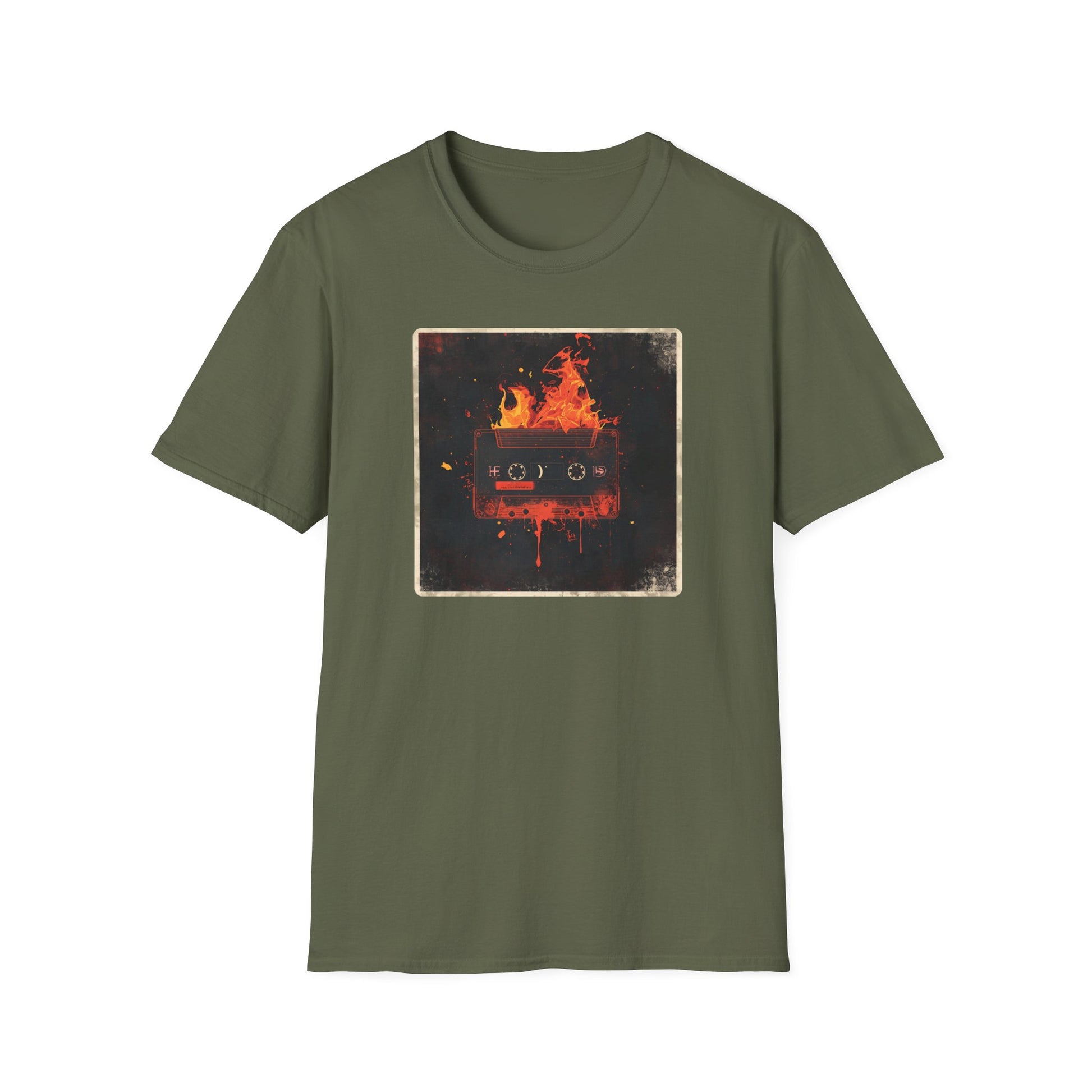 Burning Mixtape Memories - Vintage Cassette Fire T-Shirt in Military Green