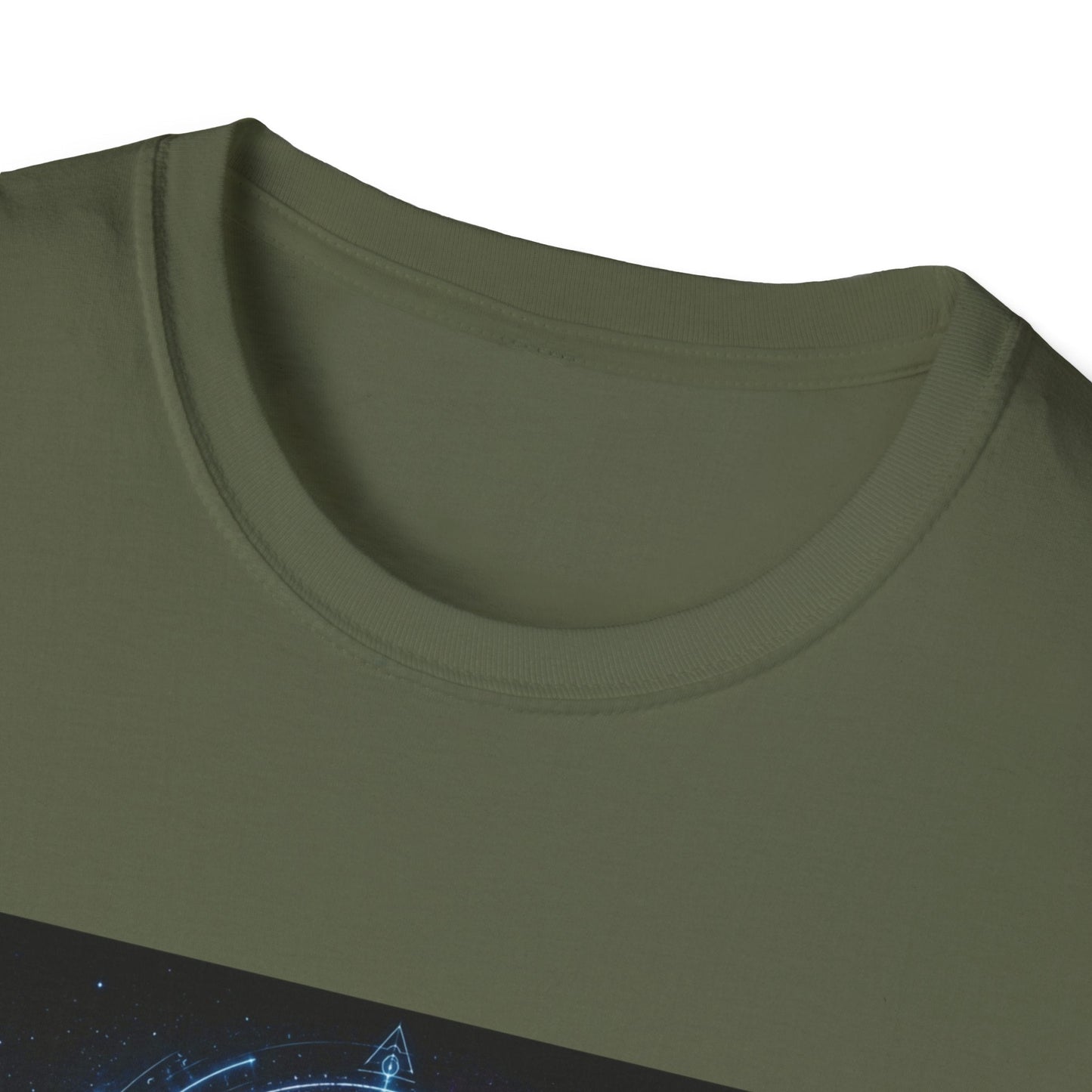Neckline of Signal from the Void alien T-Shirt in military green with cosmic sci-fi artwork