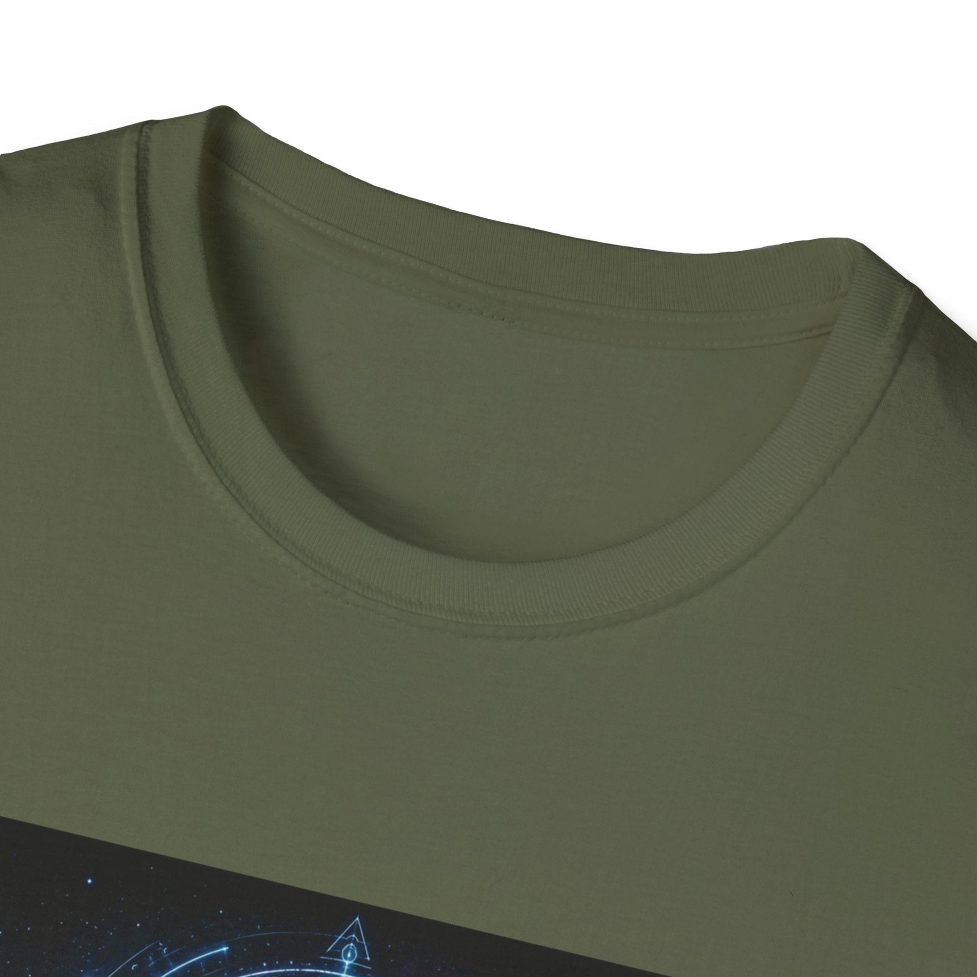 Neckline of Signal from the Void alien T-Shirt in military green with cosmic sci-fi artwork